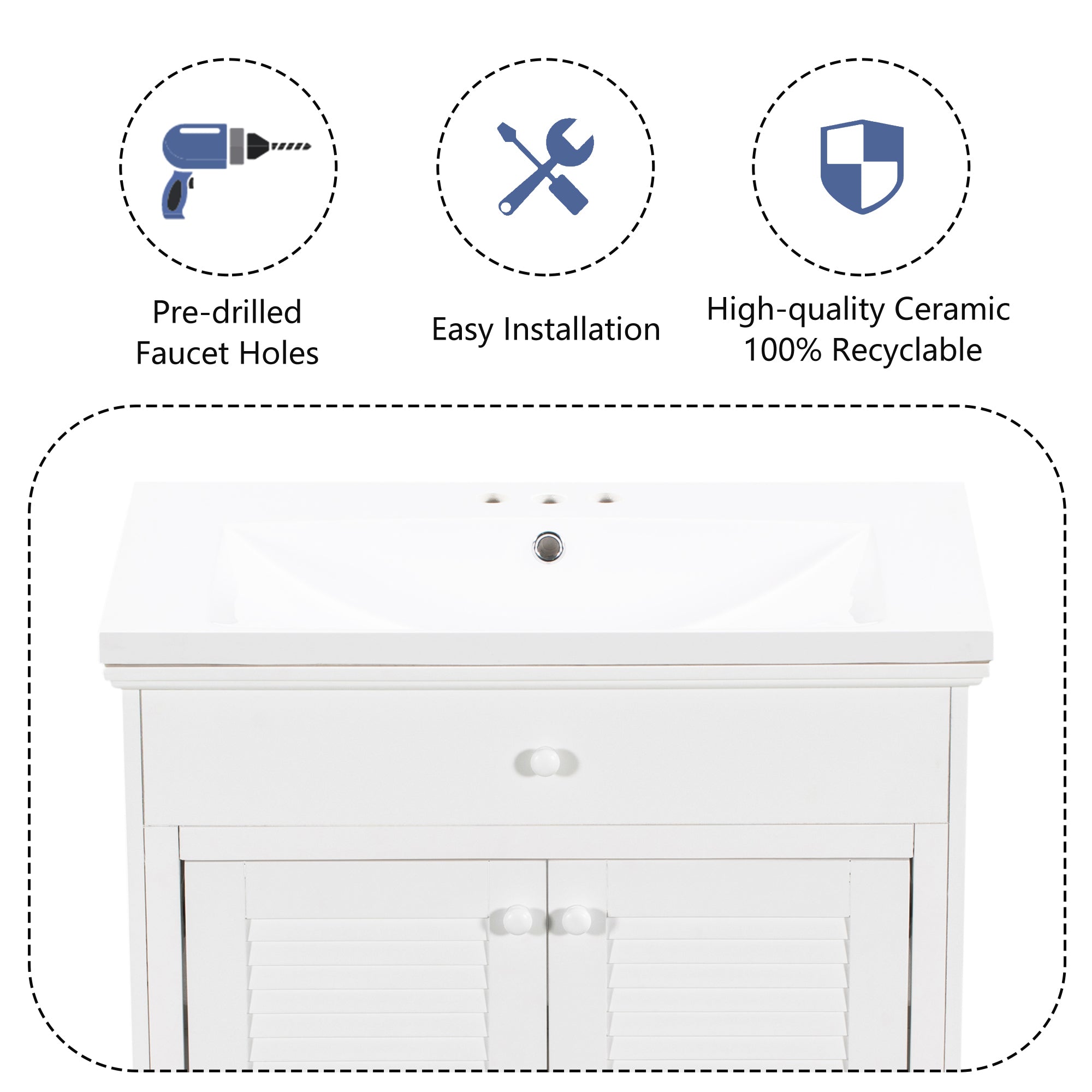 30" Bathroom Vanity with Sink, Bathroom Cabinet with Two Doors and One Drawer, White (OLD SKU: JL000005AAK)