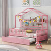 Wooden Twin Size House Bed with Trundle,Kids Bed with Shelf, Pink