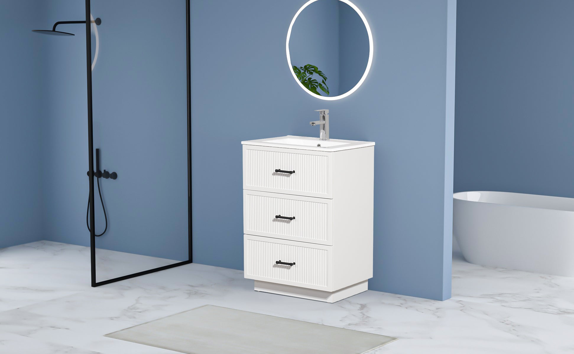 24 Inch Bathroom Vanity with Ceramic Sink Set, Modern Freestanding Bathroom Storage Cabinet with 2 Drawers, Floor Standing Bath Vanity Combo, White