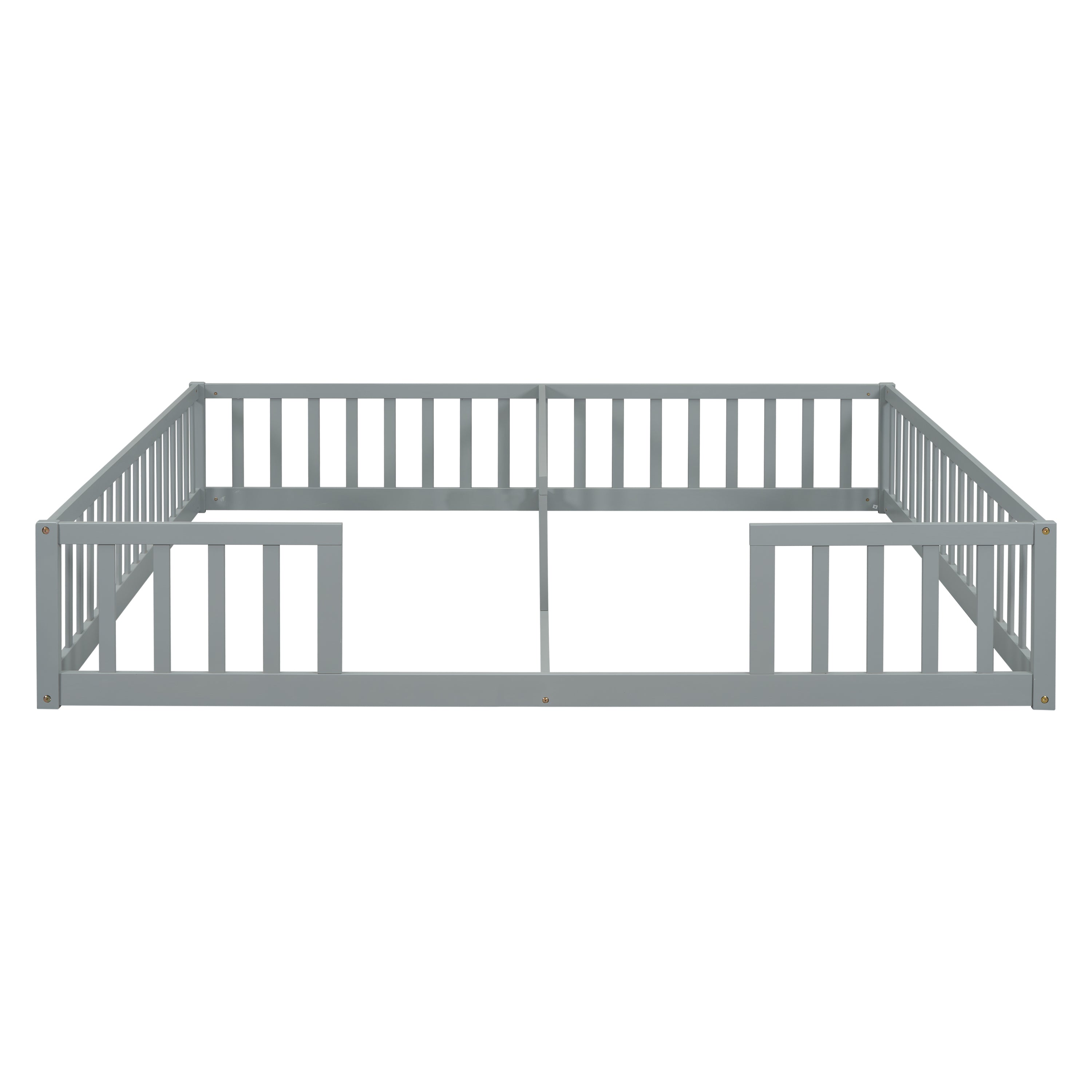 Double Twin Floor Bed with Fence, Guardrails, without door, Grey