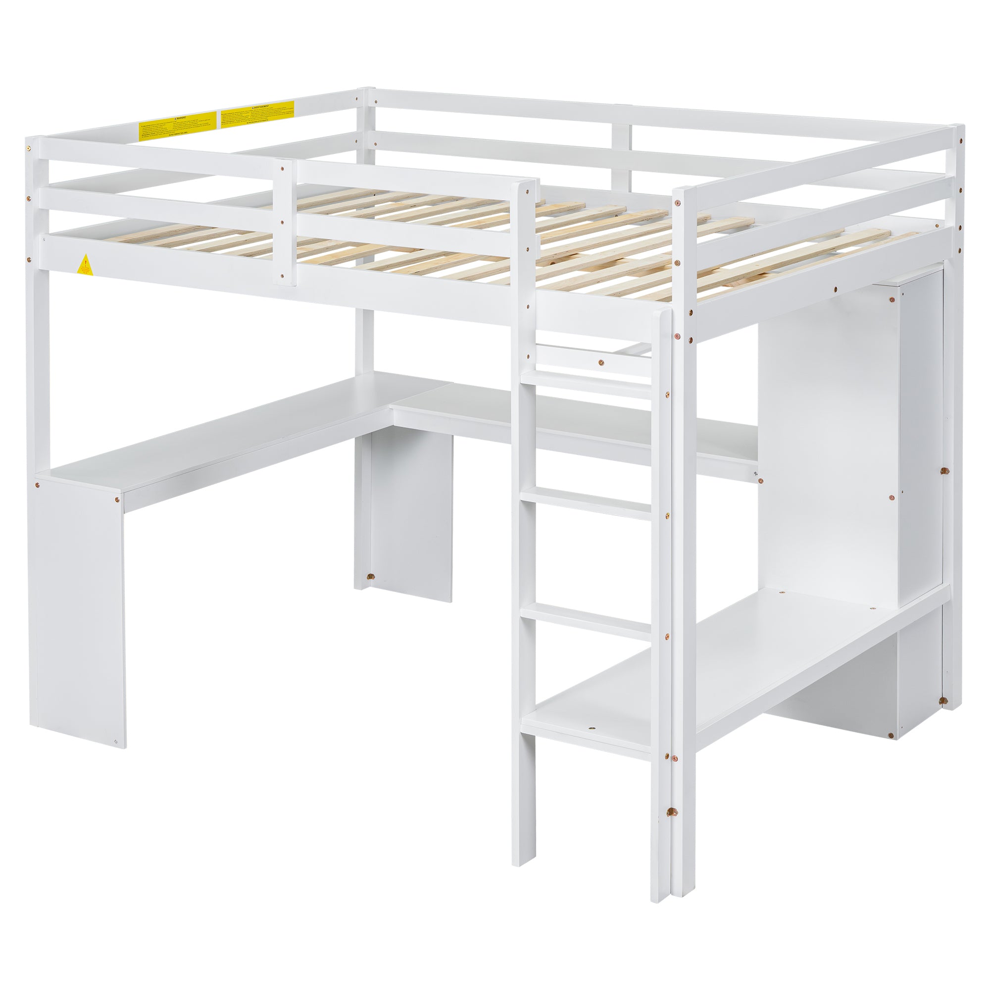 Full Size Loft Bed with L-shaped Desk, Wardrobe and Storage Shelves, White