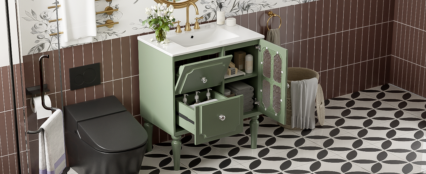 Retro Style 30'' Bathroom Vanity with Ceramic Sink Combo, Freestanding Single Vanity with 2 Drawers, Solid Wood Frame Bathroom Storage Cabinet, Green