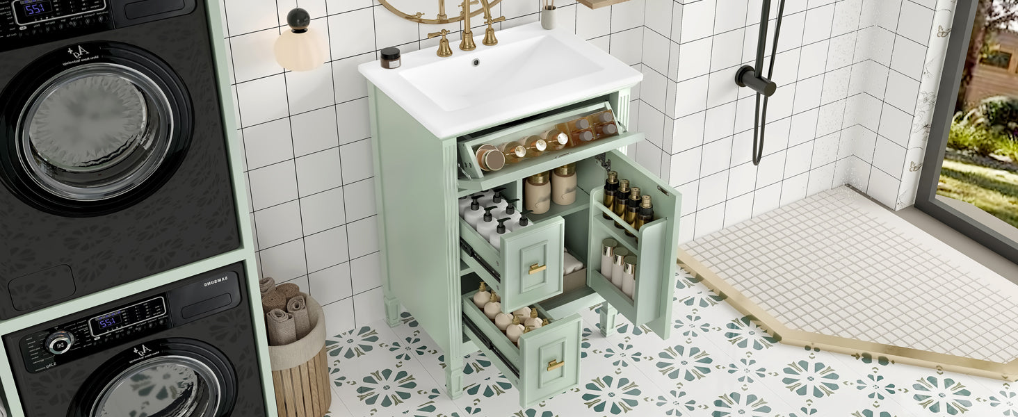 24-inch green freestanding bathroom vanity with sink, front view