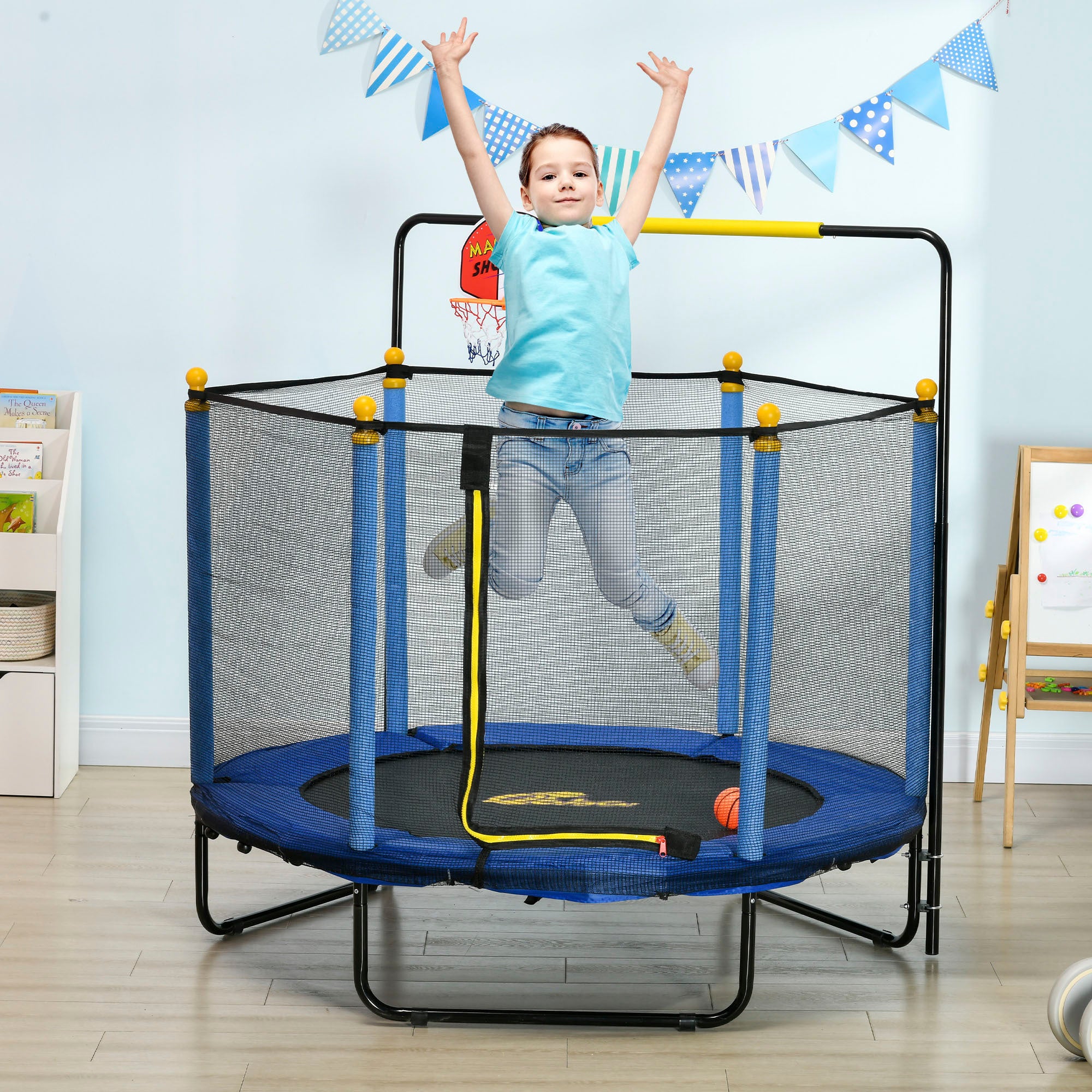 Qaba 4.6' Kids Trampoline with Basketball Hoop, Horizontal Bar, 55" Indoor Trampoline with Net, Small Springfree Trampoline Gifts for Kids Toys, Ages 3-10, Blue