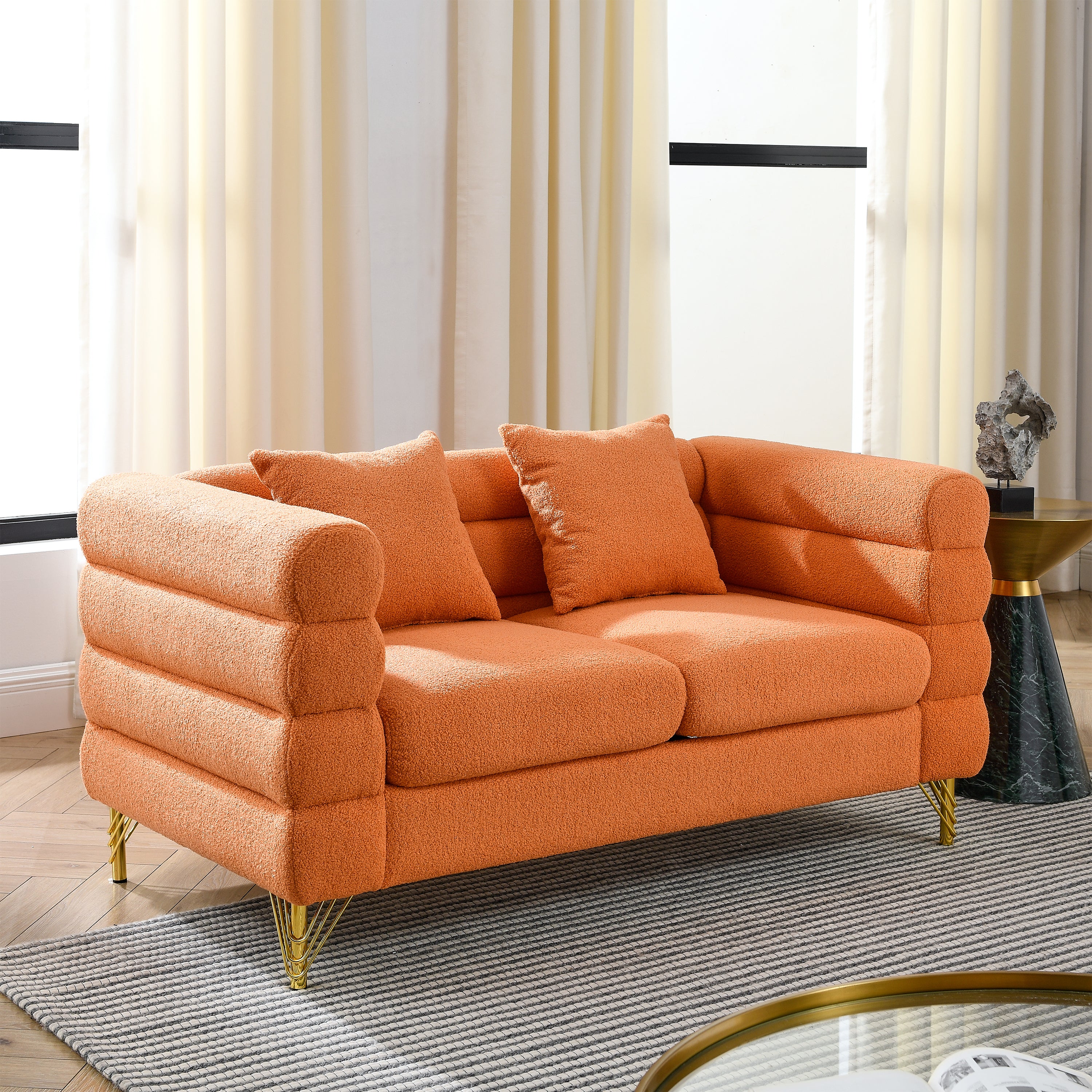 60Inch Oversized 2 Seater Sectional Sofa, Living Room Comfort Fabric Sectional Sofa-Deep Seating Sectional Sofa, Soft Sitting with 2 Pillows for Living Room,Bedroom,Office,Orange teddy(W834S00031)