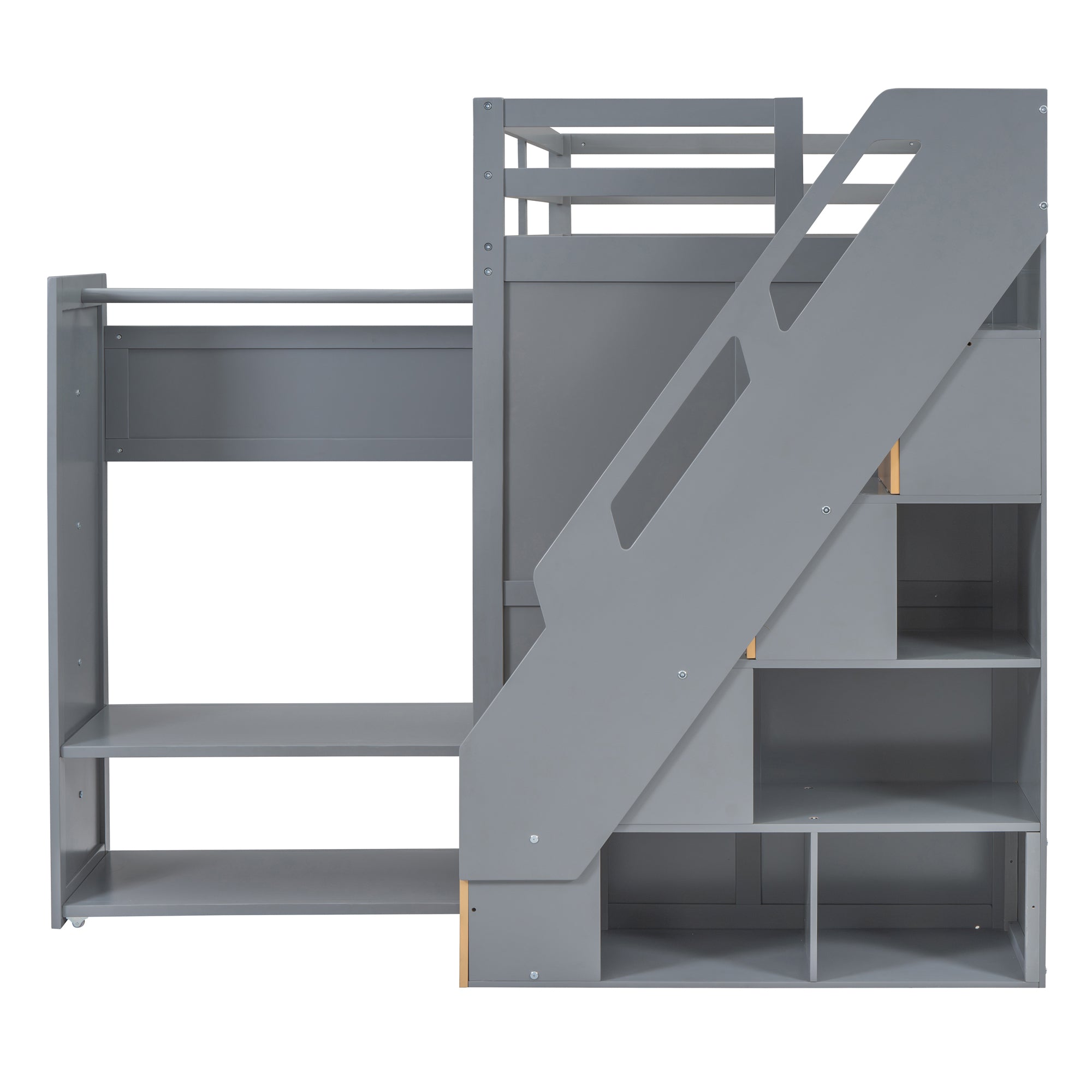 Modern Loft Bed with Two-Tone Storage Stairs and Pull-Out Wardrobes, Gray