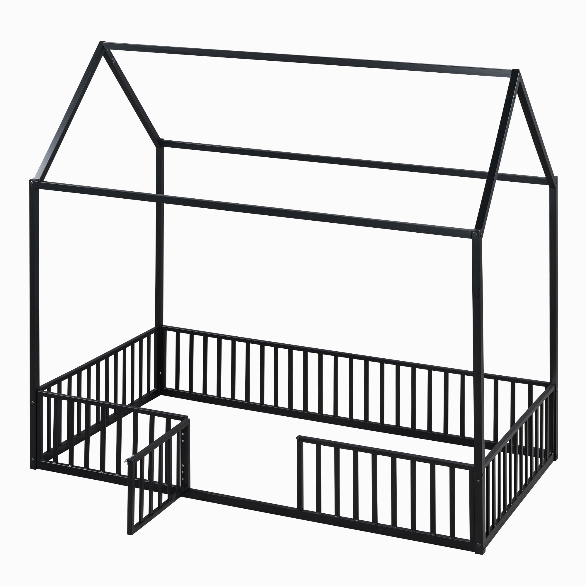 Twin Size Metal House Bed with Fence and Door, Black