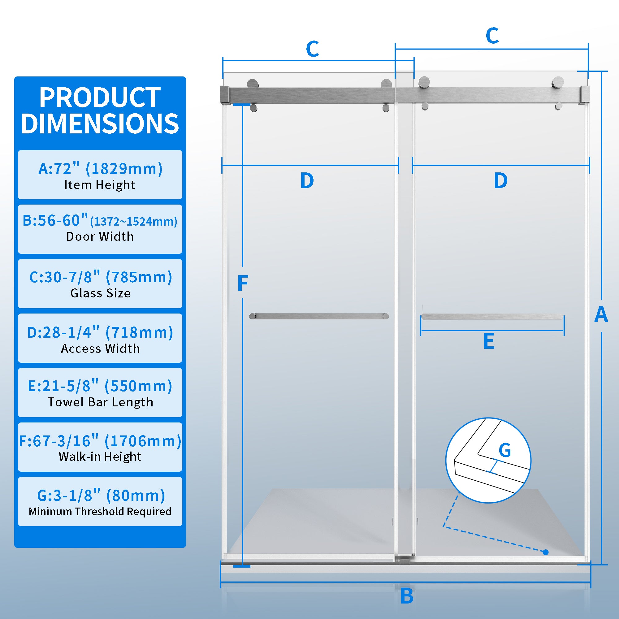 56-60"W × 72"H Double Sliding Frameless Shower Door With 3/8 inches (10mm) Clear Tempered Glass, Brushed Nickel Finish