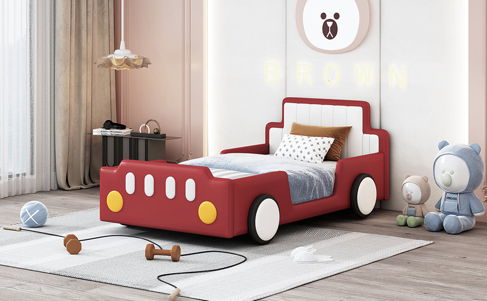 Twin Size Race Car-Shaped Platform Bed with Wheels,Red