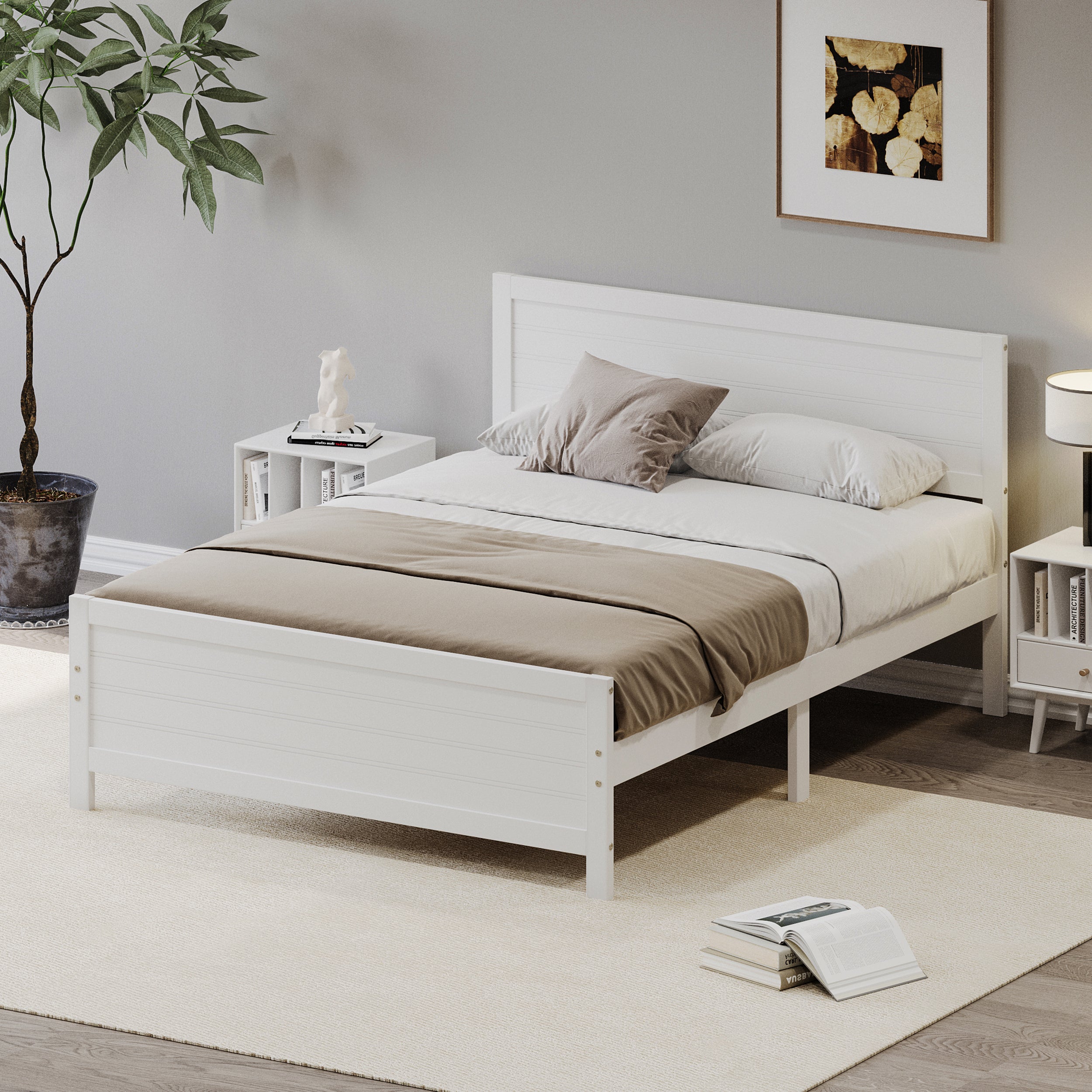 Wood Platform Bed Frame with Headboard, Mattress Foundation with Wood Slat Support, No Box Spring Needed, Queen Size, White