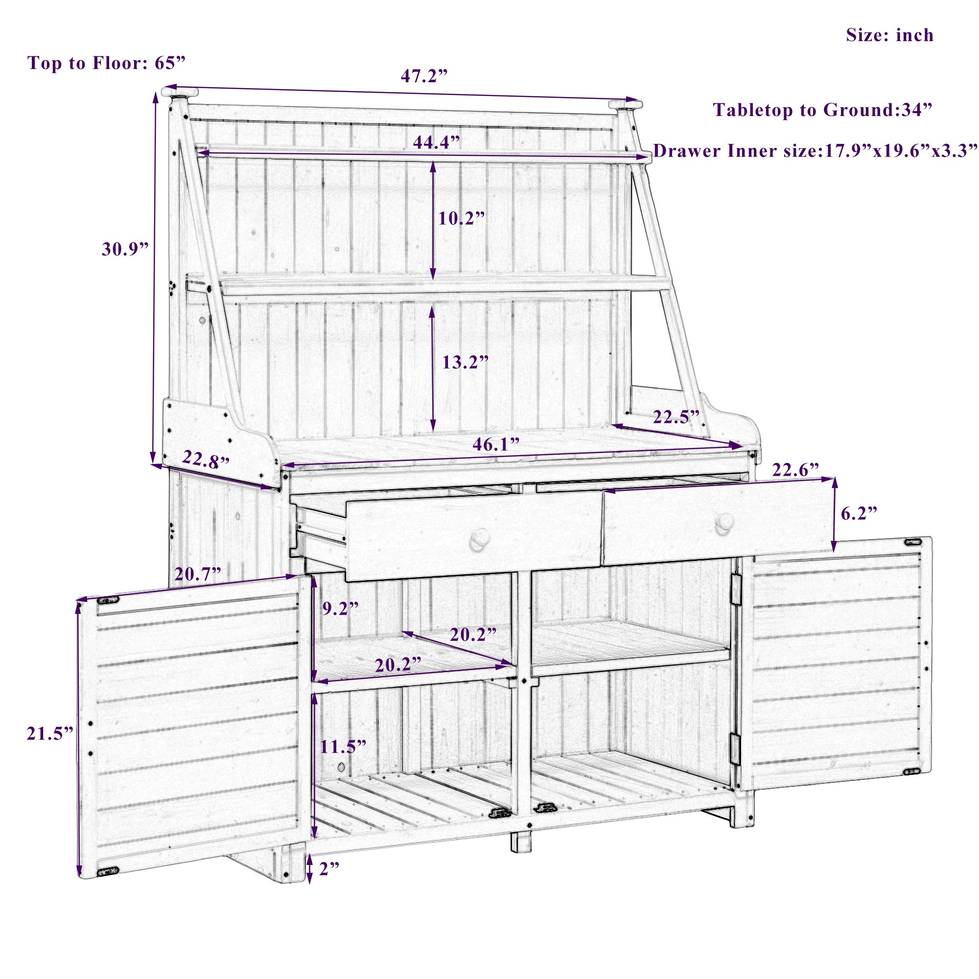 TOPMAX 65inch Garden Potting Bench Table, Fir Wood Workstation with Storage Shelf, Drawer and Cabinet, White