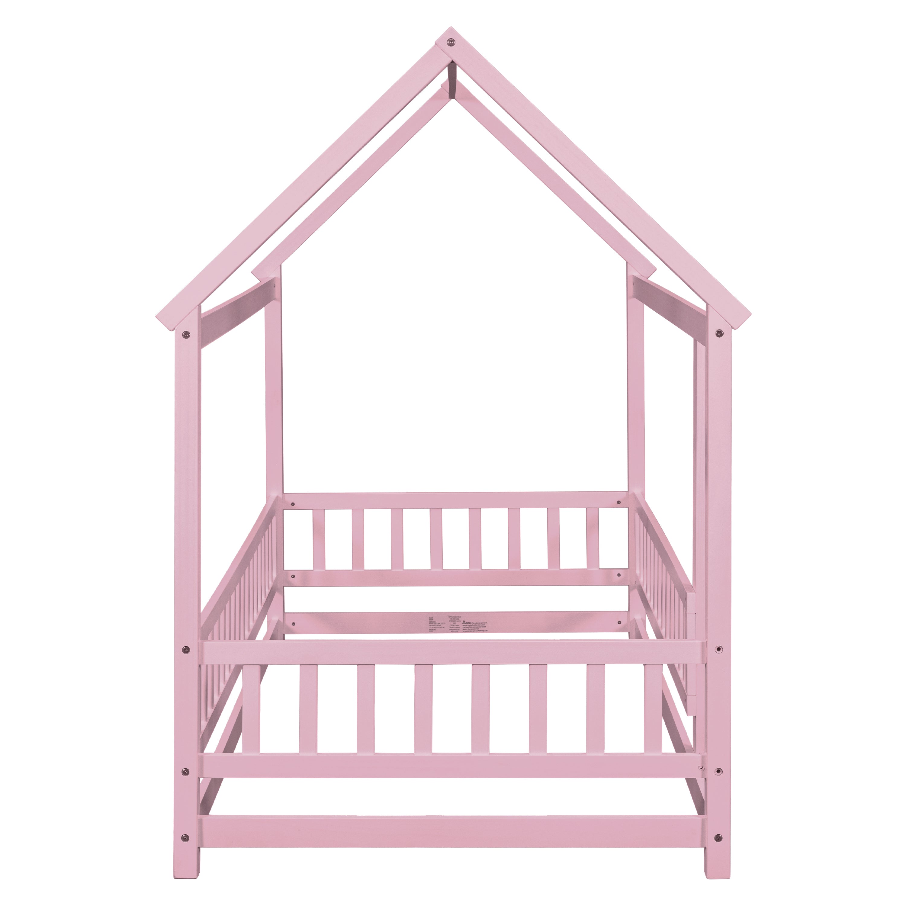 Twin Size Floor Wooden Bed with House Roof Frame, Fence Guardrails,Pink