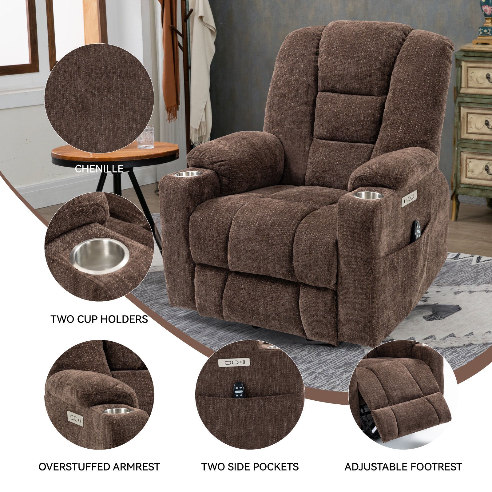 EMON'S Large Power Lift Recliner Chair with Massage and Heat for Elderly, Overstuffed Wide Recliners, Heavy Duty Motion Mechanism with USB and Type C Ports, 2 Steel Cup Holders, Brown