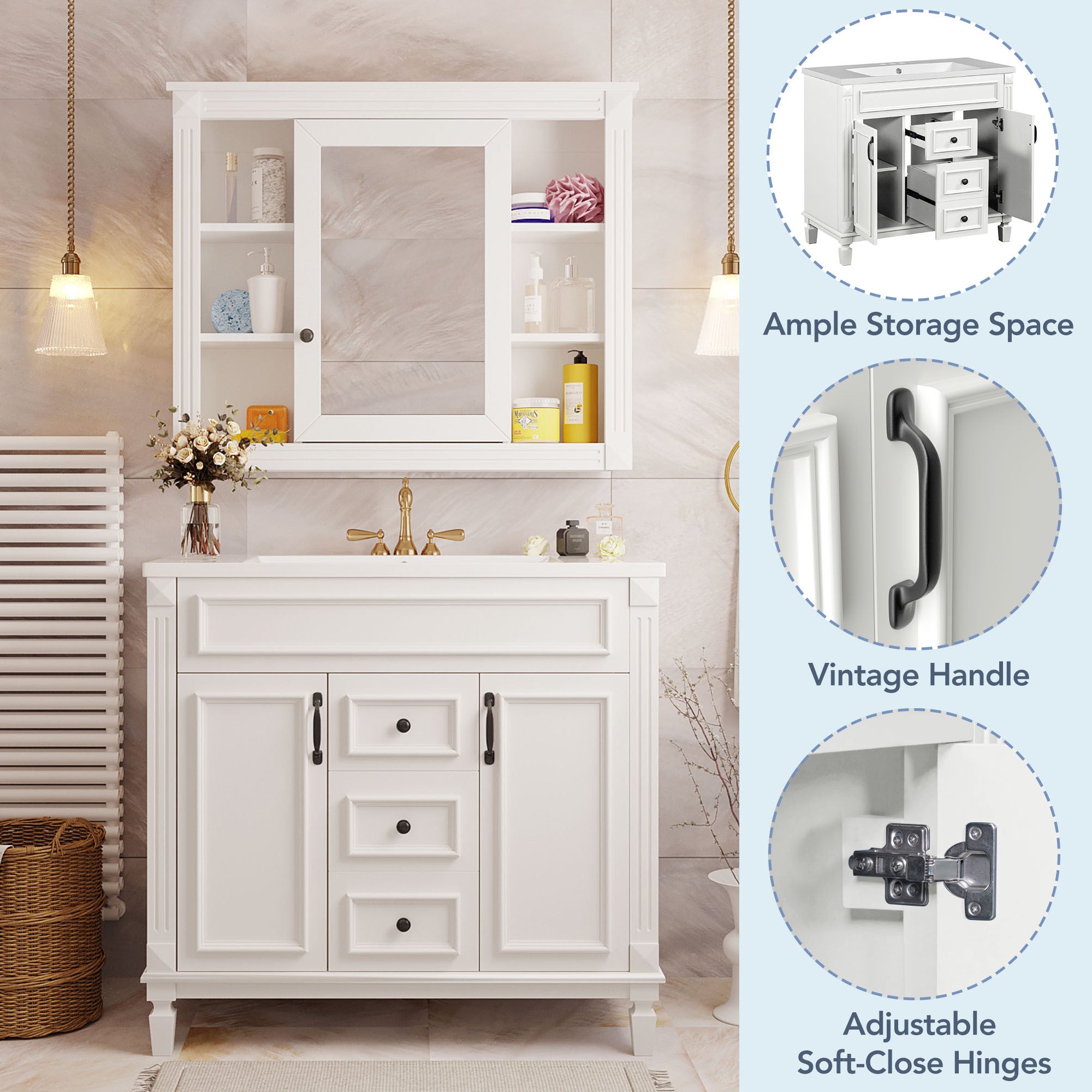 36'' Bathroom Vanity with Top Sink, White Mirror Cabinet, Modern Bathroom Storage Cabinet with 2 Soft Closing Doors and 2 Drawers, Single Sink Bathroom Vanity