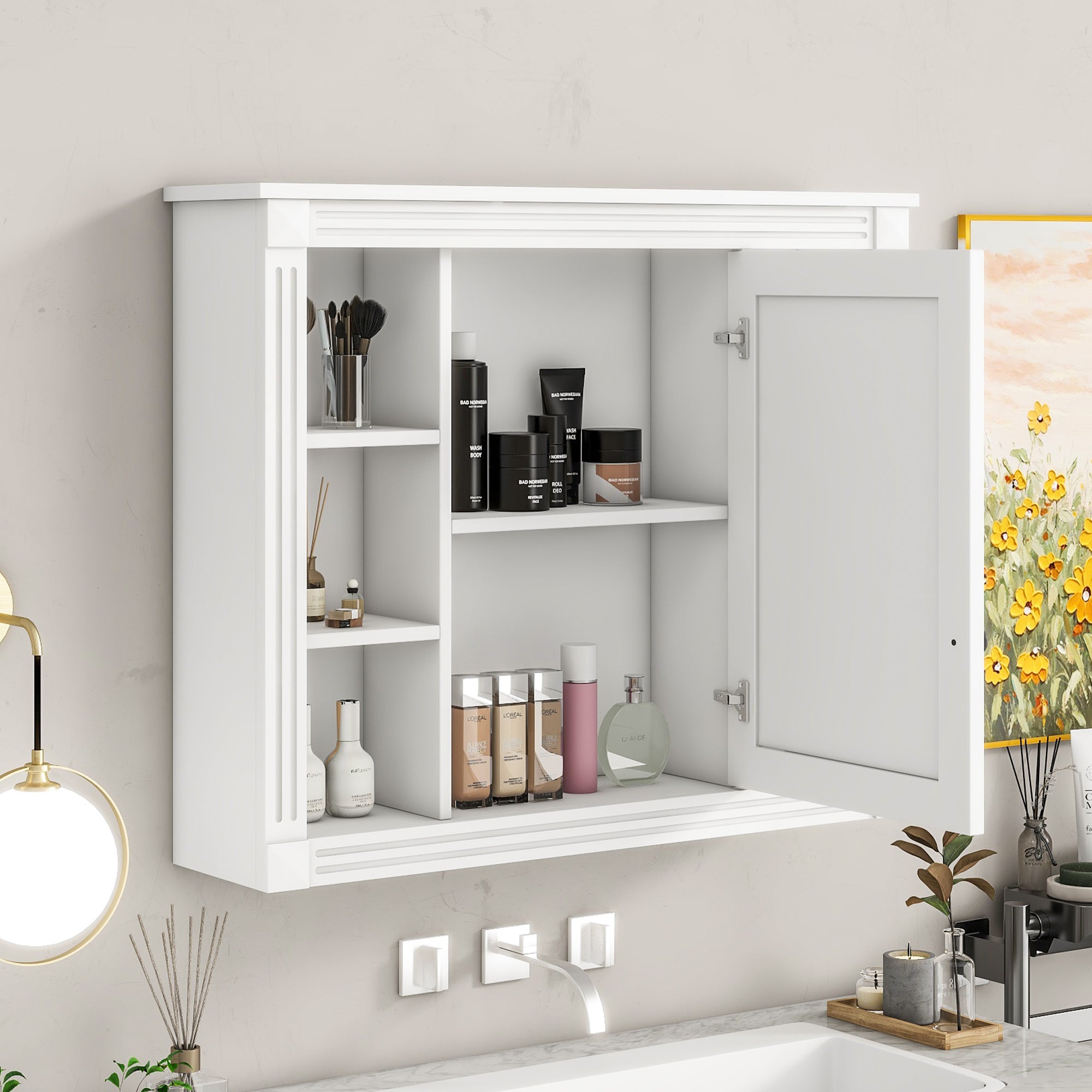 35'' x 28'' Wall Mounted Bathroom Storage Cabinet, Medicine Cabinet, Modern Bathroom Wall Cabinet with Mirror, Mirror Cabinet with 6 Open Shelves (Not Include Bathroom Vanity )