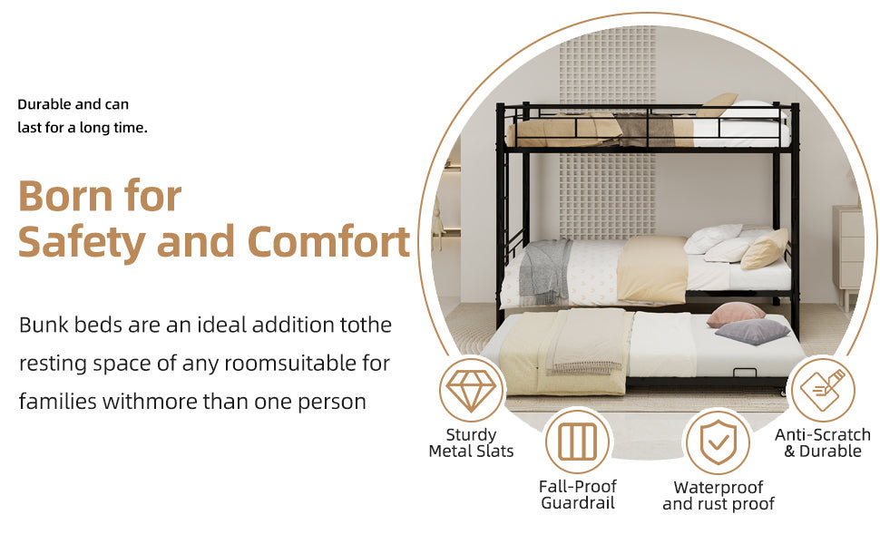 Black twin triple bunk bed, space-saving design, room setting