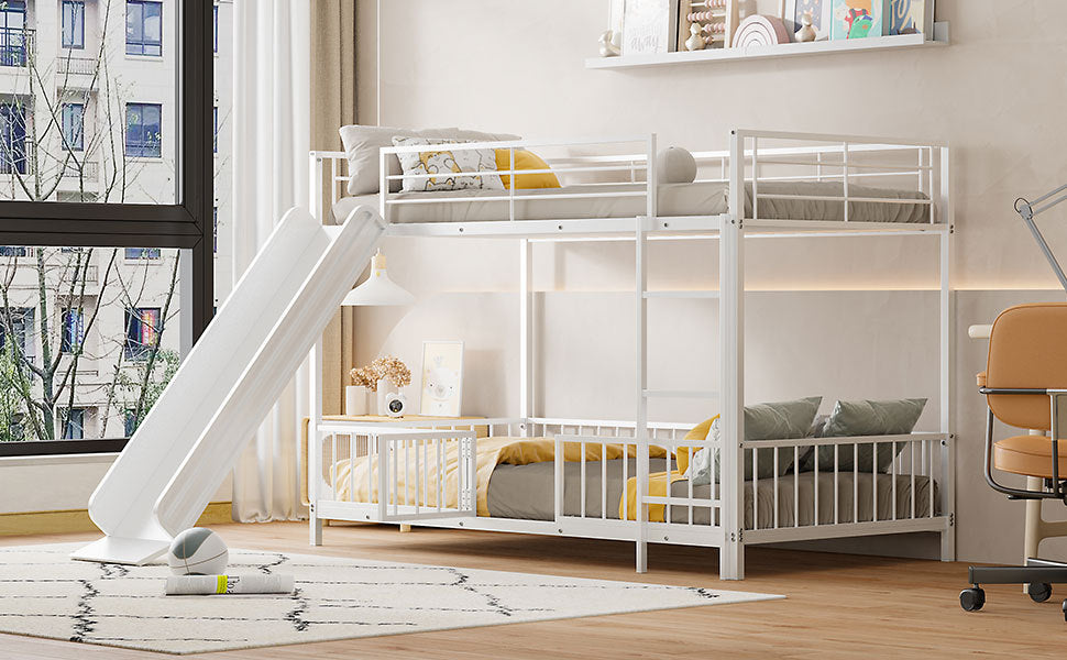 Twin over Twin Size Metal Bunk Bed with Slide and Guardrails, White