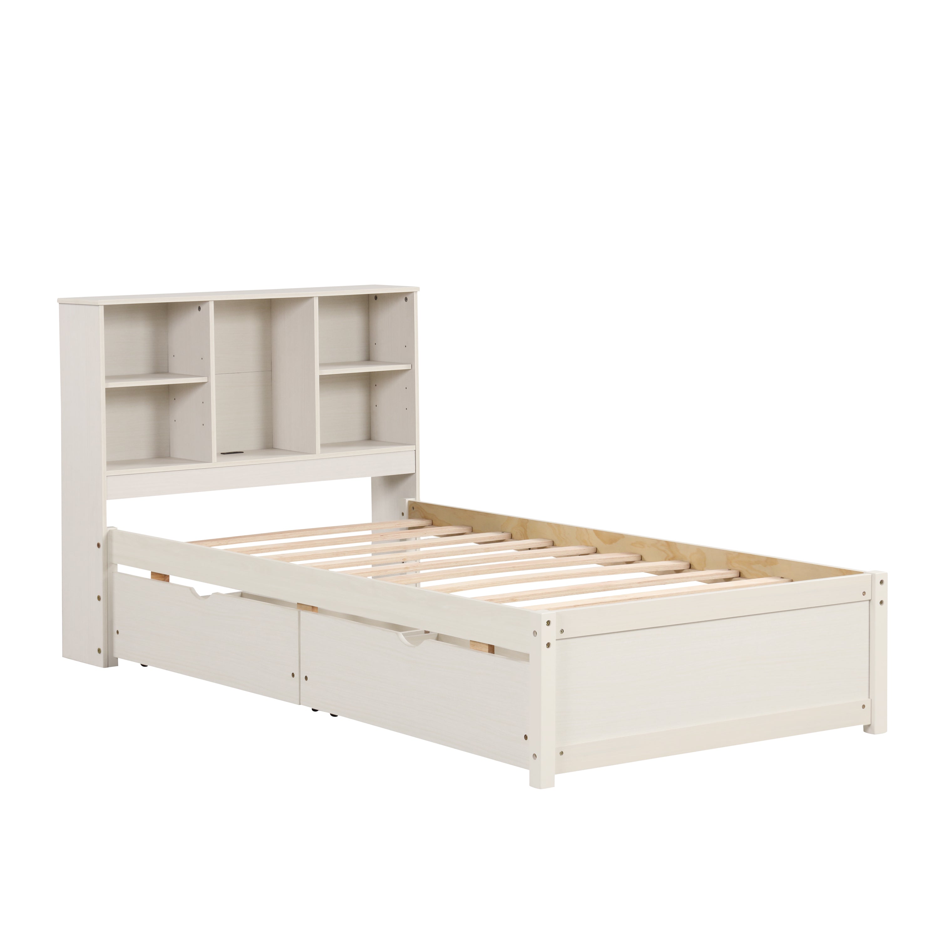 Modern Twin Size Bed Frame With Built-in USB Port on Bookcase Headboard and 2 Drawers for White Washed Color