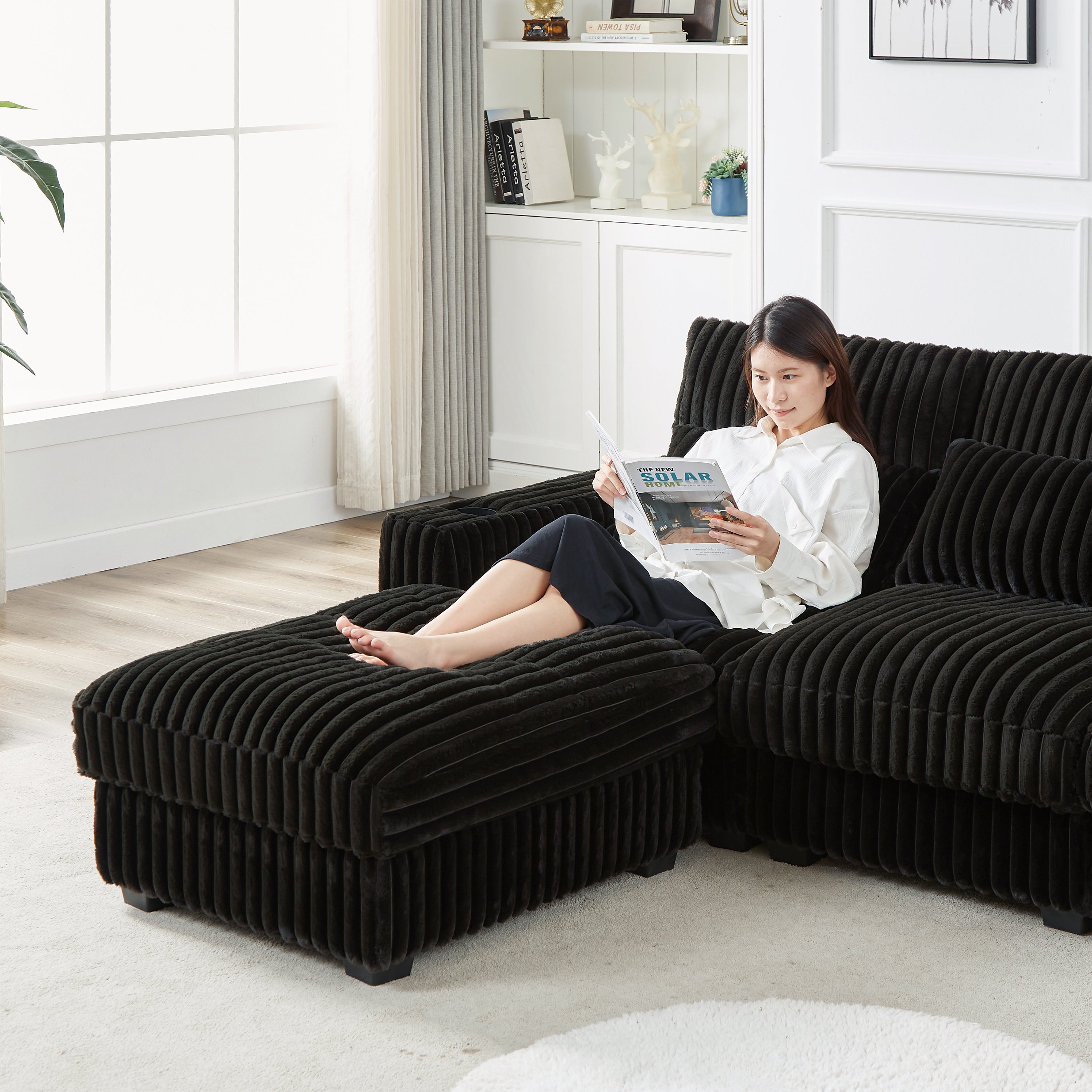 126-inch Corduroy With Cup Holder Super Large L-Shaped Sofa, Movable Footrest, Four Waist Pillows And Four Back Cushion, With USB Port And Type-C Port