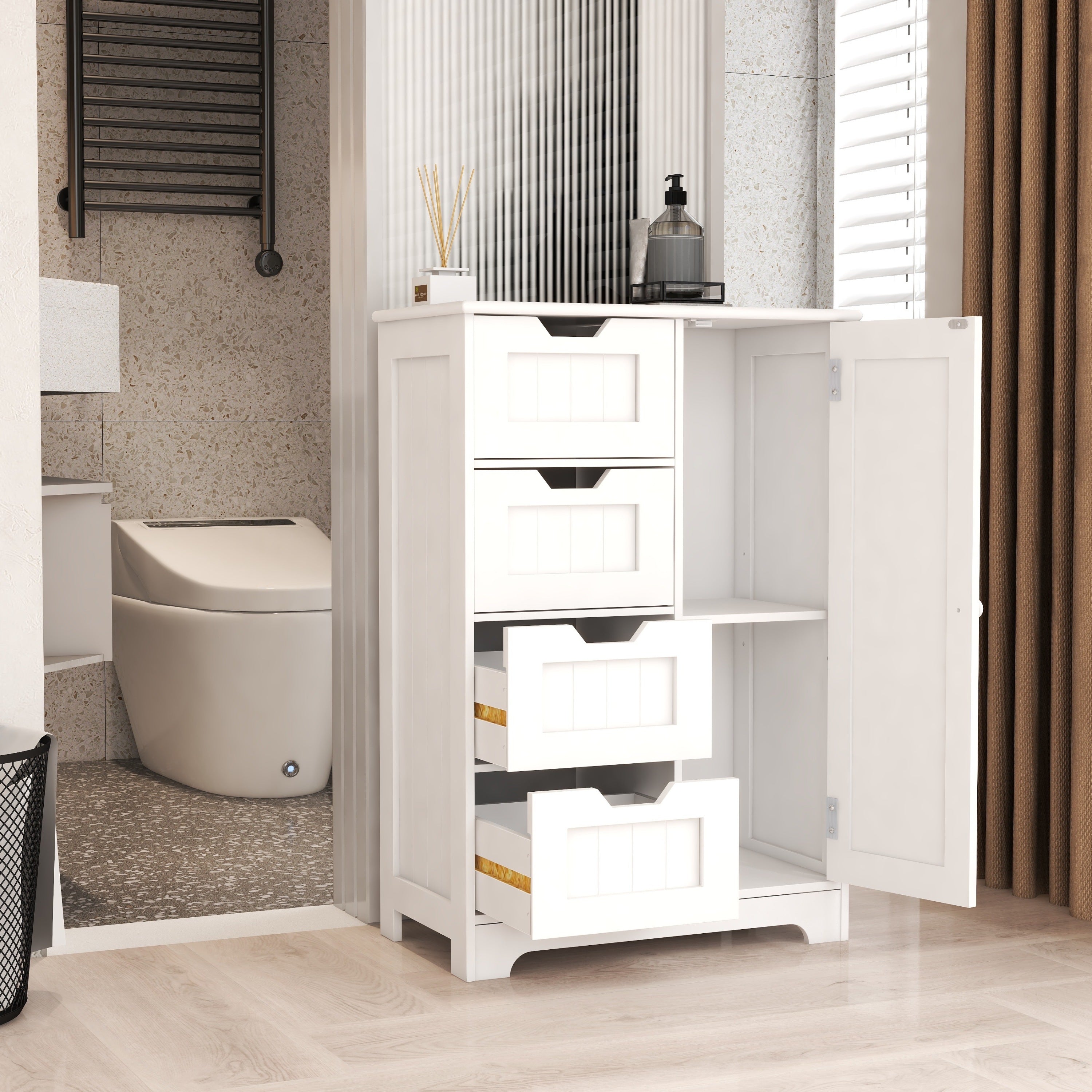 White freestanding floor storage cabinet with adjustable shelves, 4 drawers and 1 door