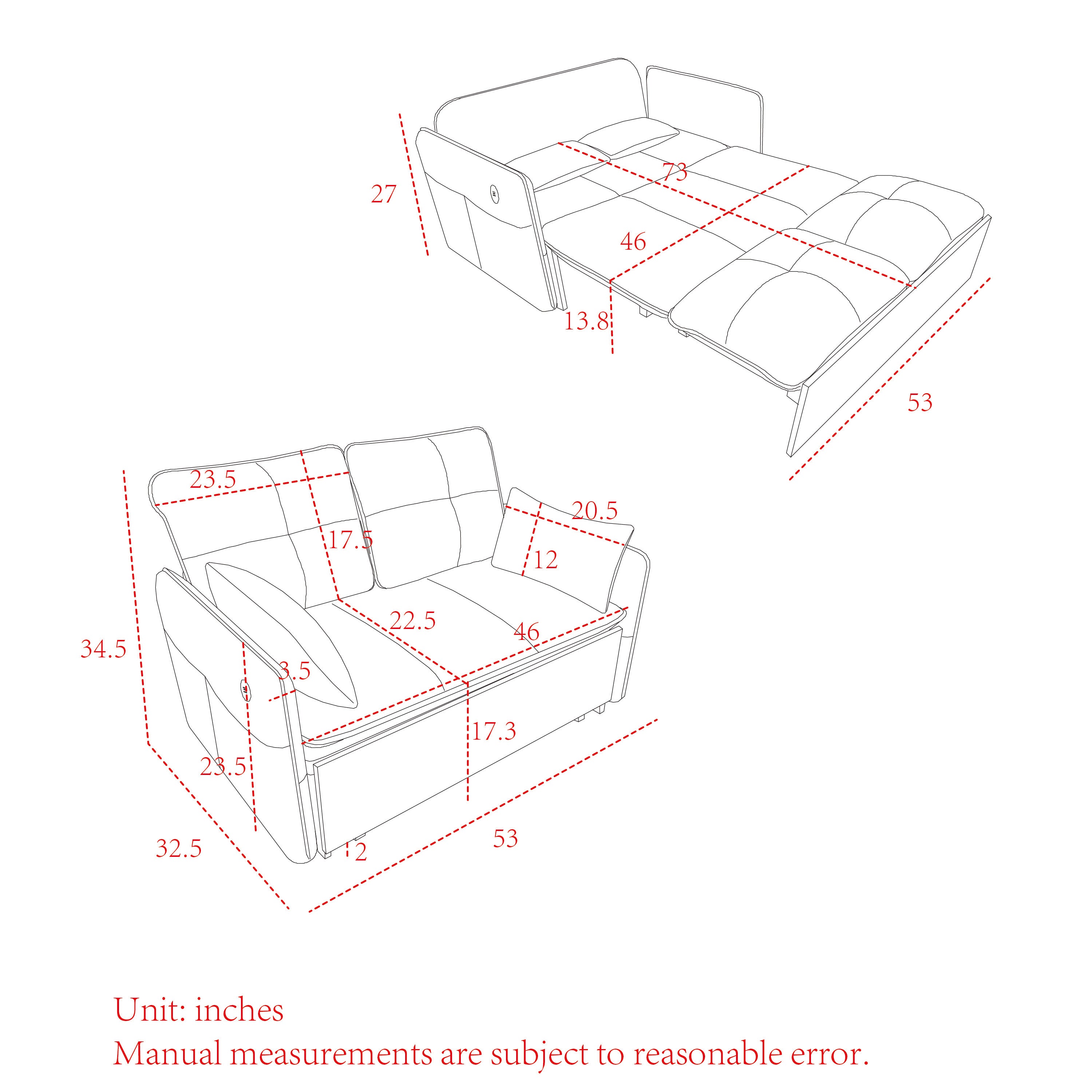 53" Modern Convertible Sofa Bed w/2 Removable Armrests w/USB Power Port, Velvet Recliner Adjustable Sofa w/Head Pull-Out Bed, 2 Pillows, For Living Room Apartment etc., White-Grey