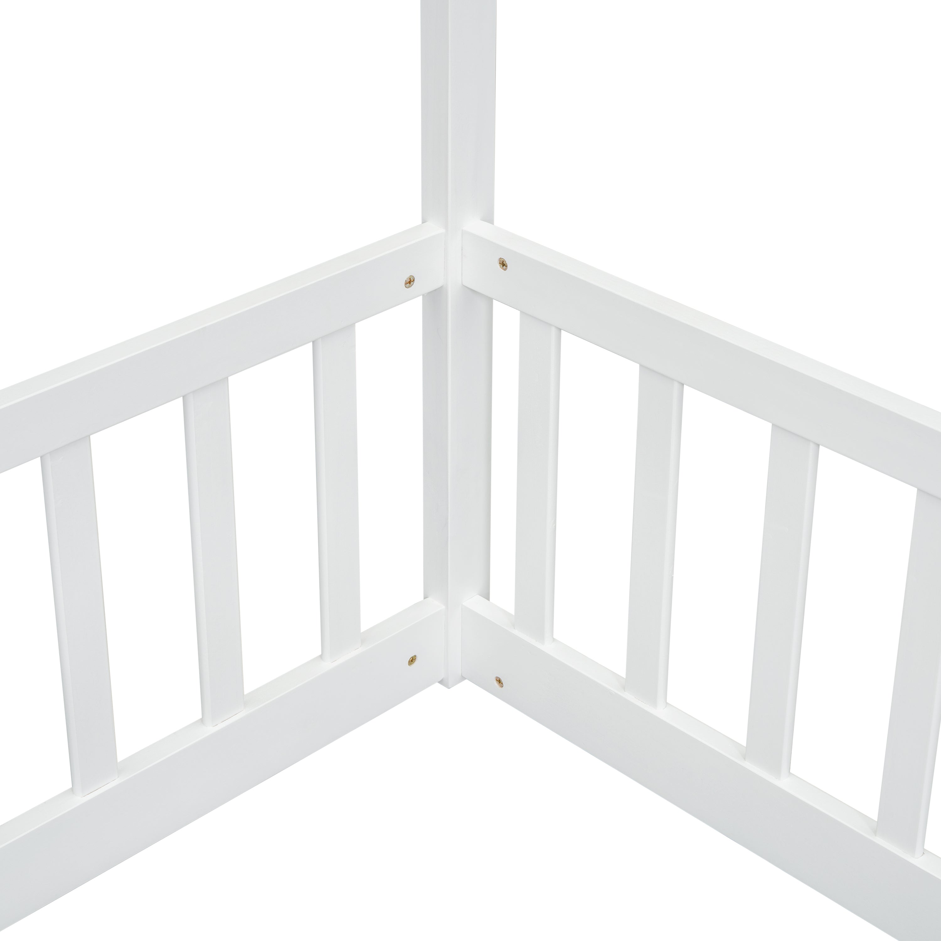 Double Twin House-Style Floor Bed with Fence, Guardrails, without door, White