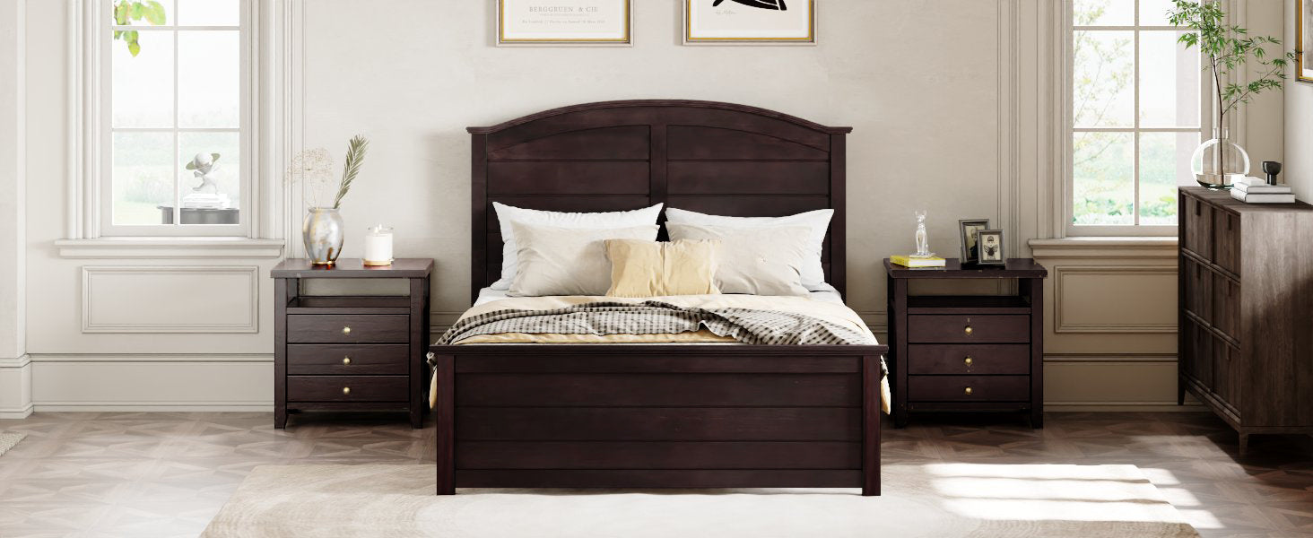 Farmhouse Wooden Platform Twin Size Bed with Curl Design Headboard and Footboard for Teenager, Espresso