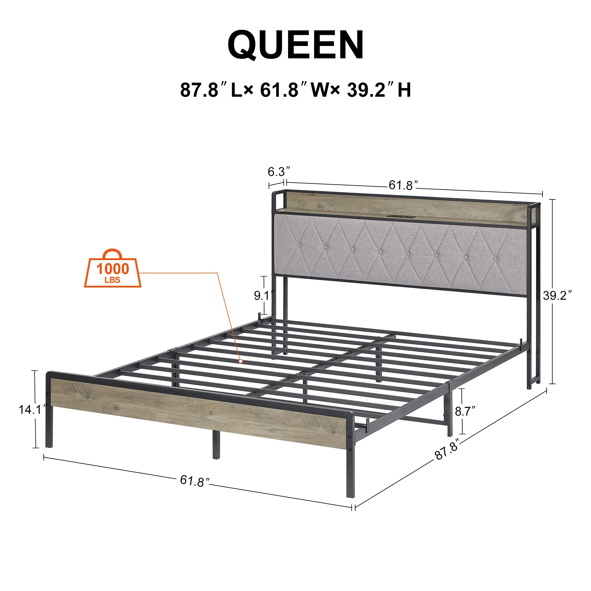 Bed frame with charging station Queen size,Grey, 87.8'' L x 61.8'' W x 39.2'' H.