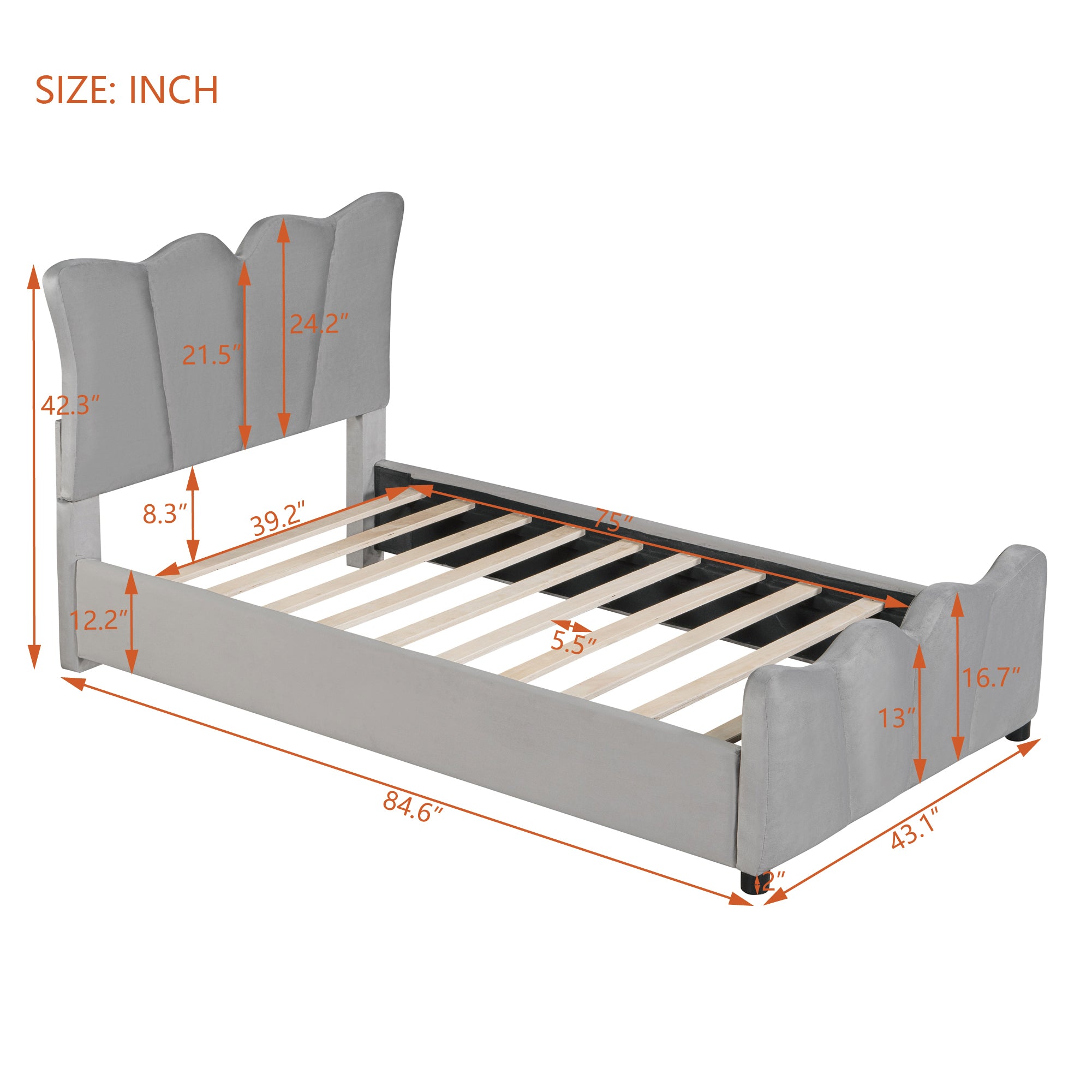 Twin Size Upholstered Platform Bed Velvet Upholstered Bed, Gray