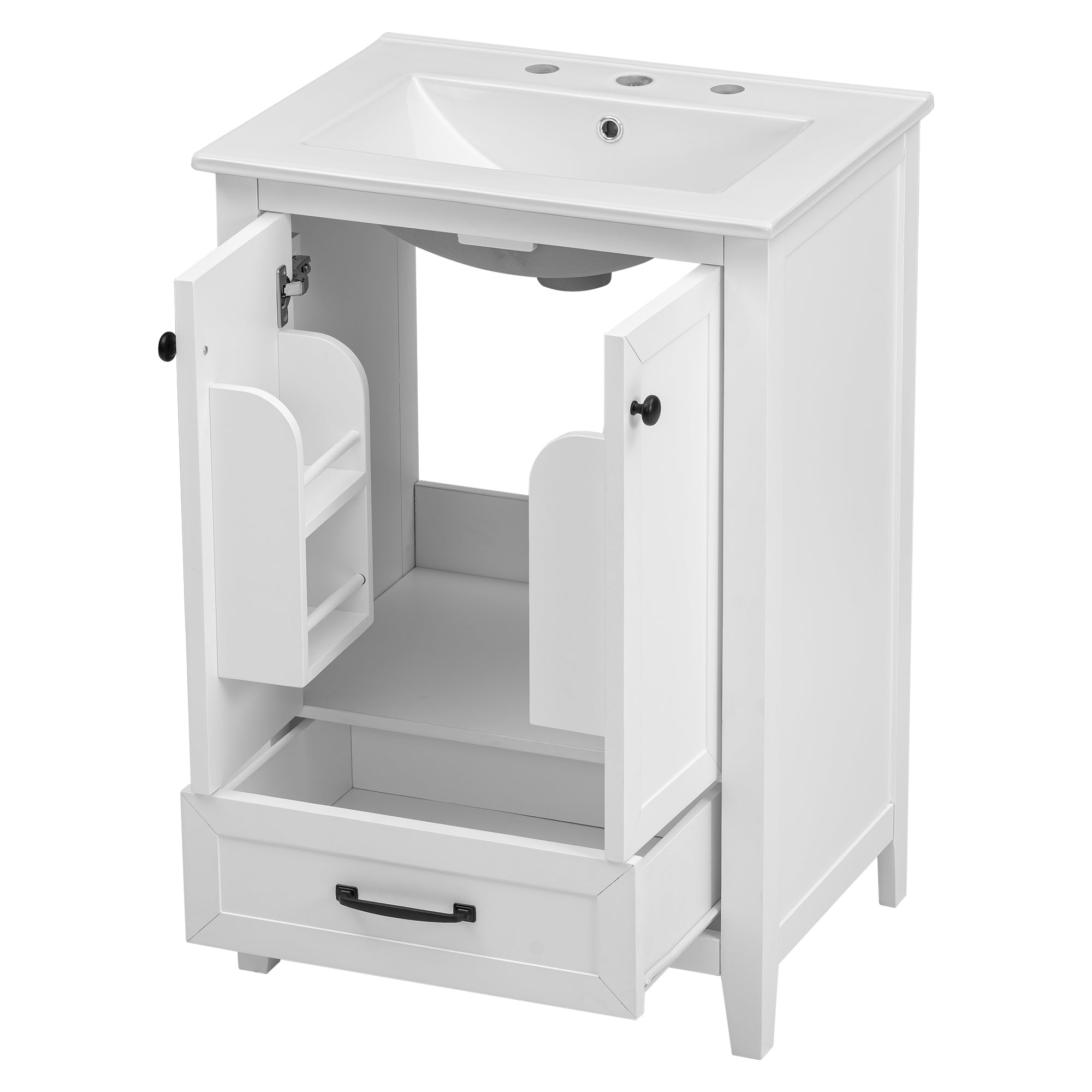 24" Bathroom Vanity with Sink, Bathroom Vanity Cabinet with One Drawer and Doors, Solid Wood and MDF, White