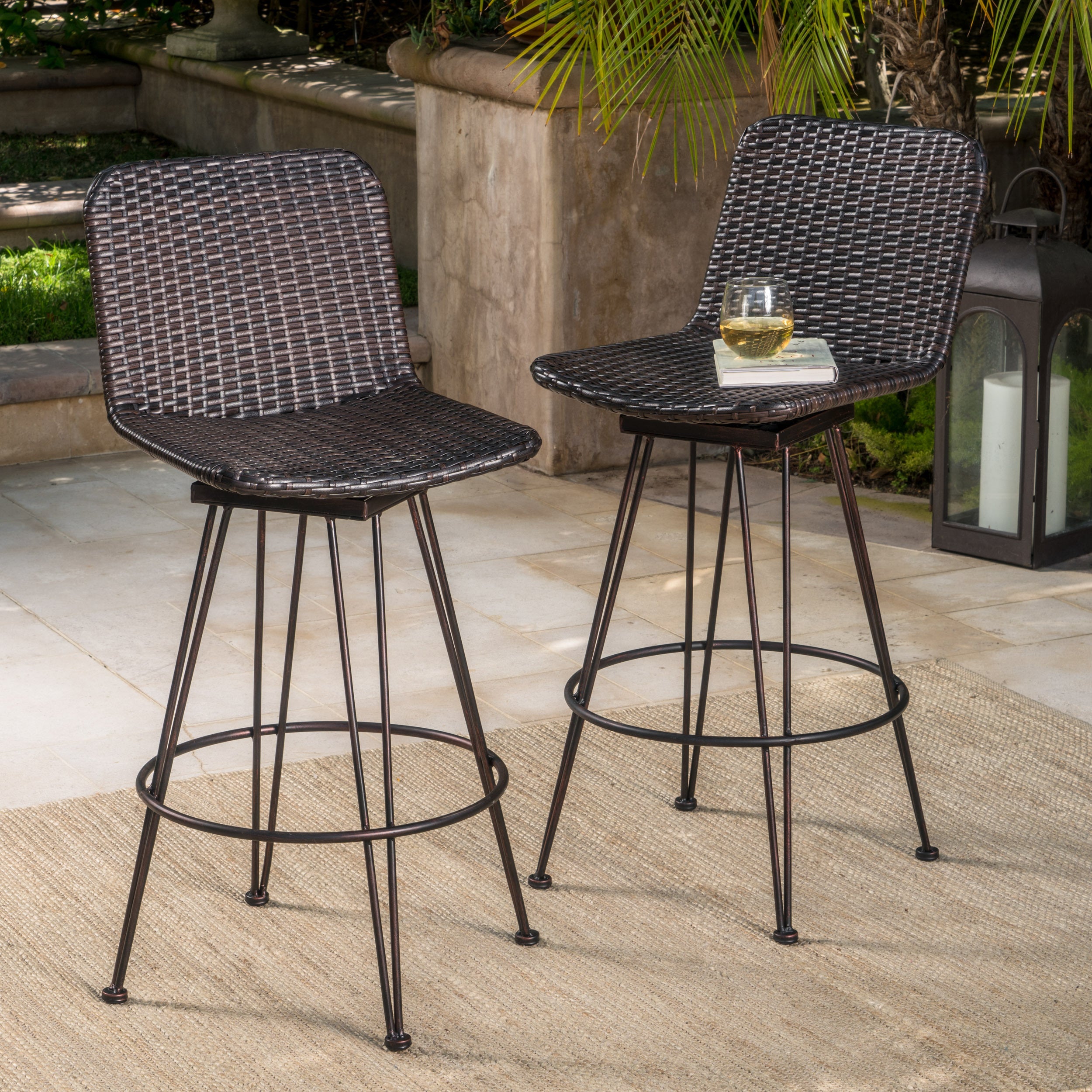 28" Outdoor PE Rattan Barstools with Black Brush Copper Iron Frame, Multibrown (Set of 2)