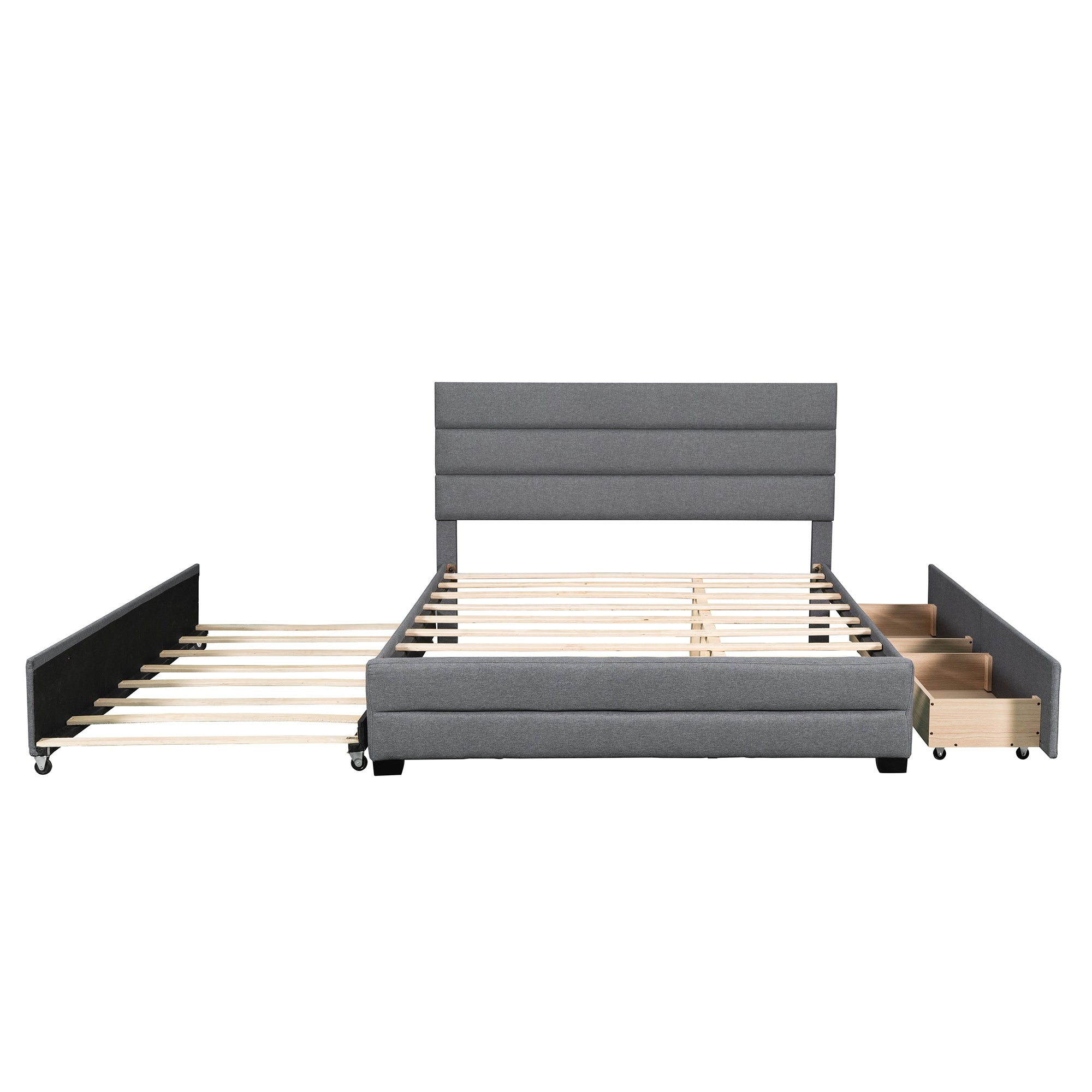 Queen Upholstered Platform Bed with Twin Size Trundle and Two Drawers,Grey