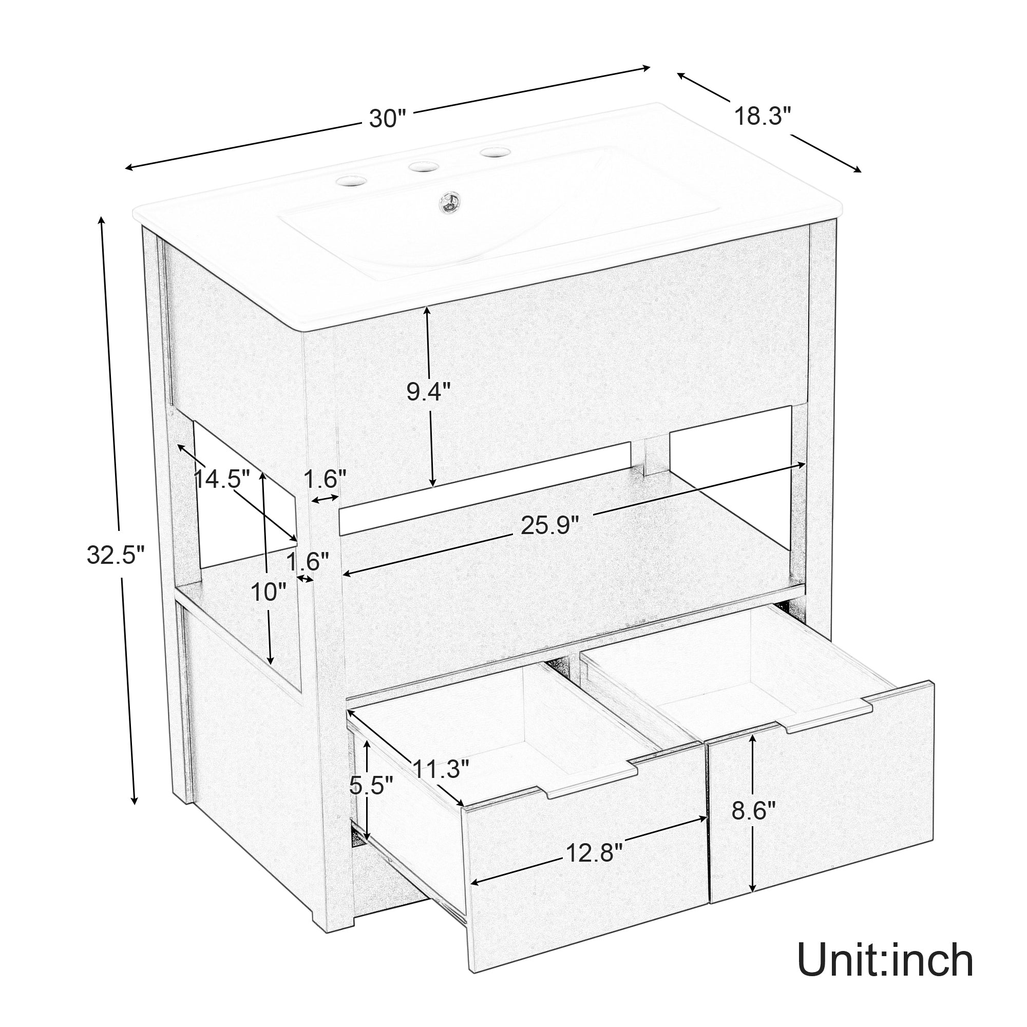 30" Bathroom Vanity with Sink Top, Bathroom Cabinet with Open Storage Shelf and Two Drawers, One Package, Natural (Old Sku:WF311619AAD)