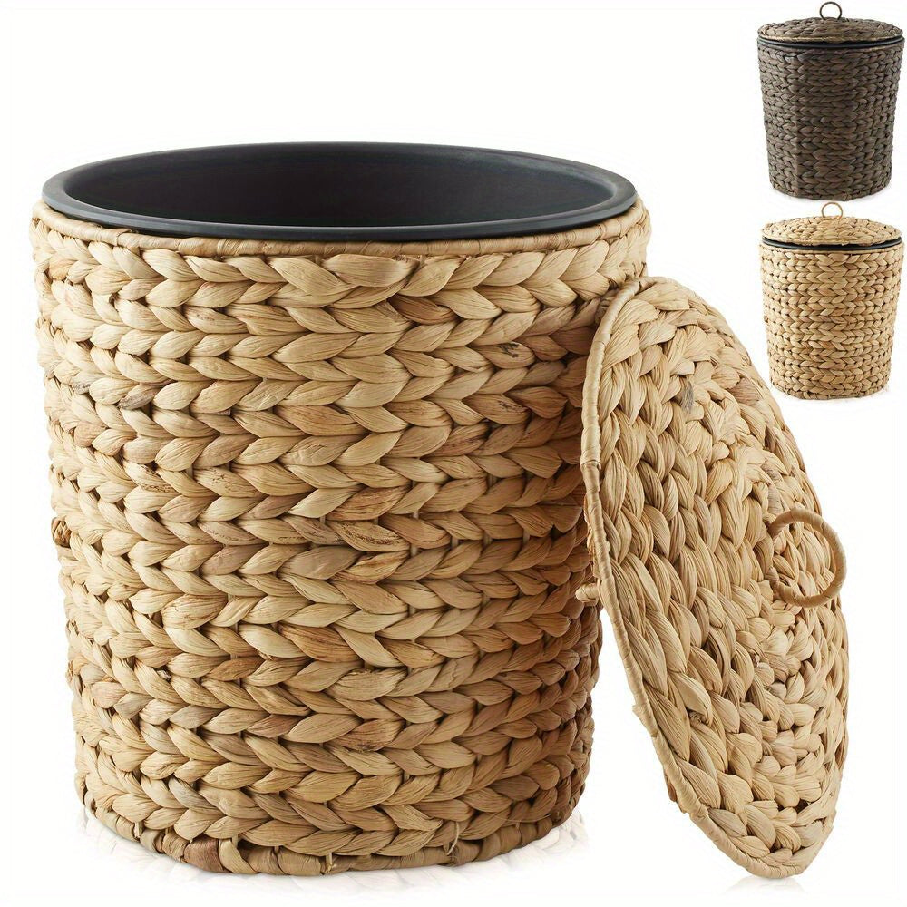 Bathroom Trash Can with Lid, Small Woven Hyacinth Wicker Waste Basket