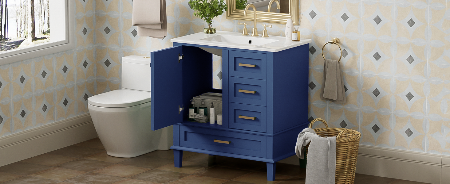 30" Bathroom Vanity , Modern Bathroom Cabinet with Sink Combo Set, Bathroom Storage Cabinet with a Soft Closing Door and 3 Drawers, Solid Wood Frame(Blue)