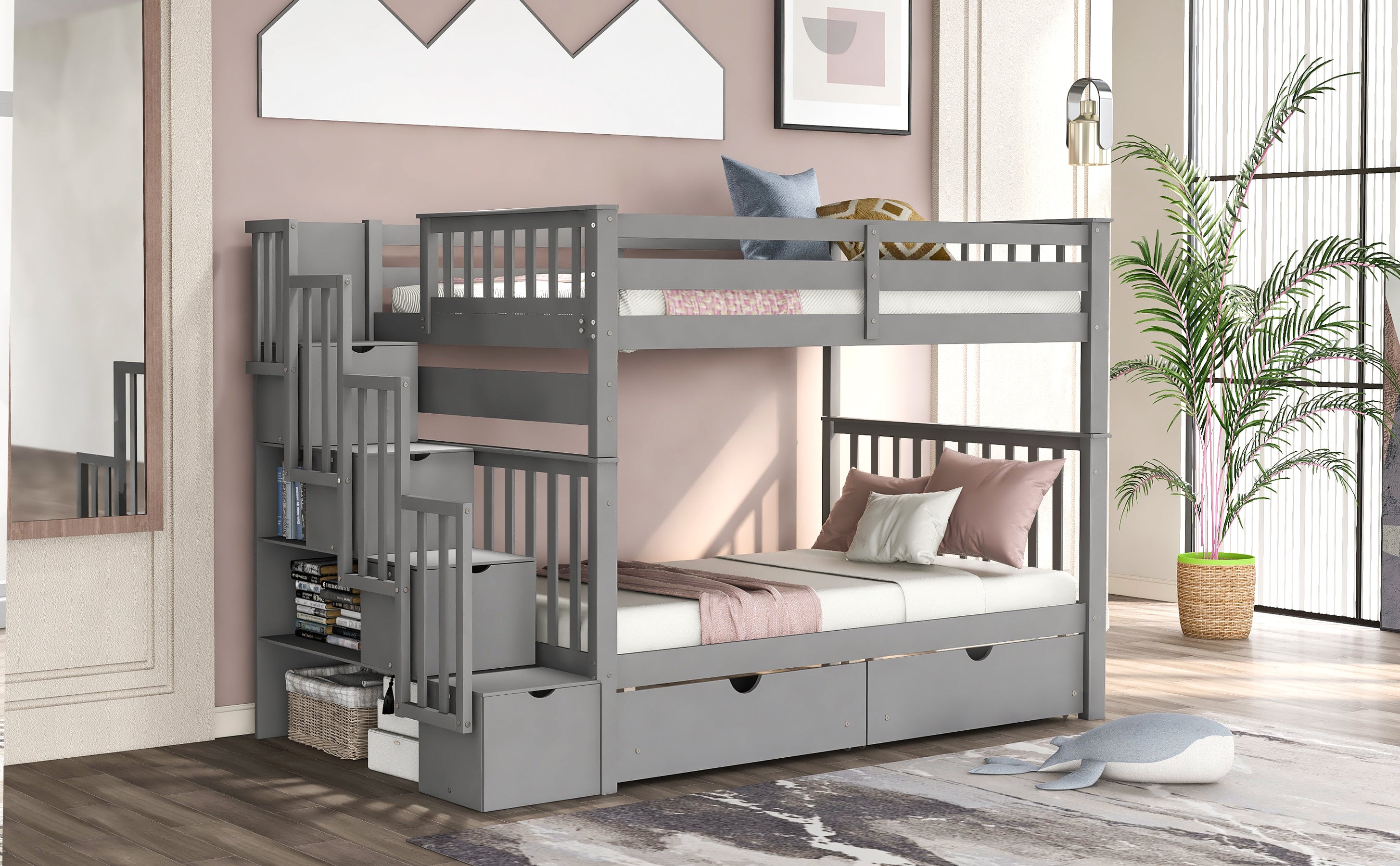 Full Over Full Bunk Bed with Shelves and 6 Storage Drawers, Gray(Old SKU:LP000046AAE)