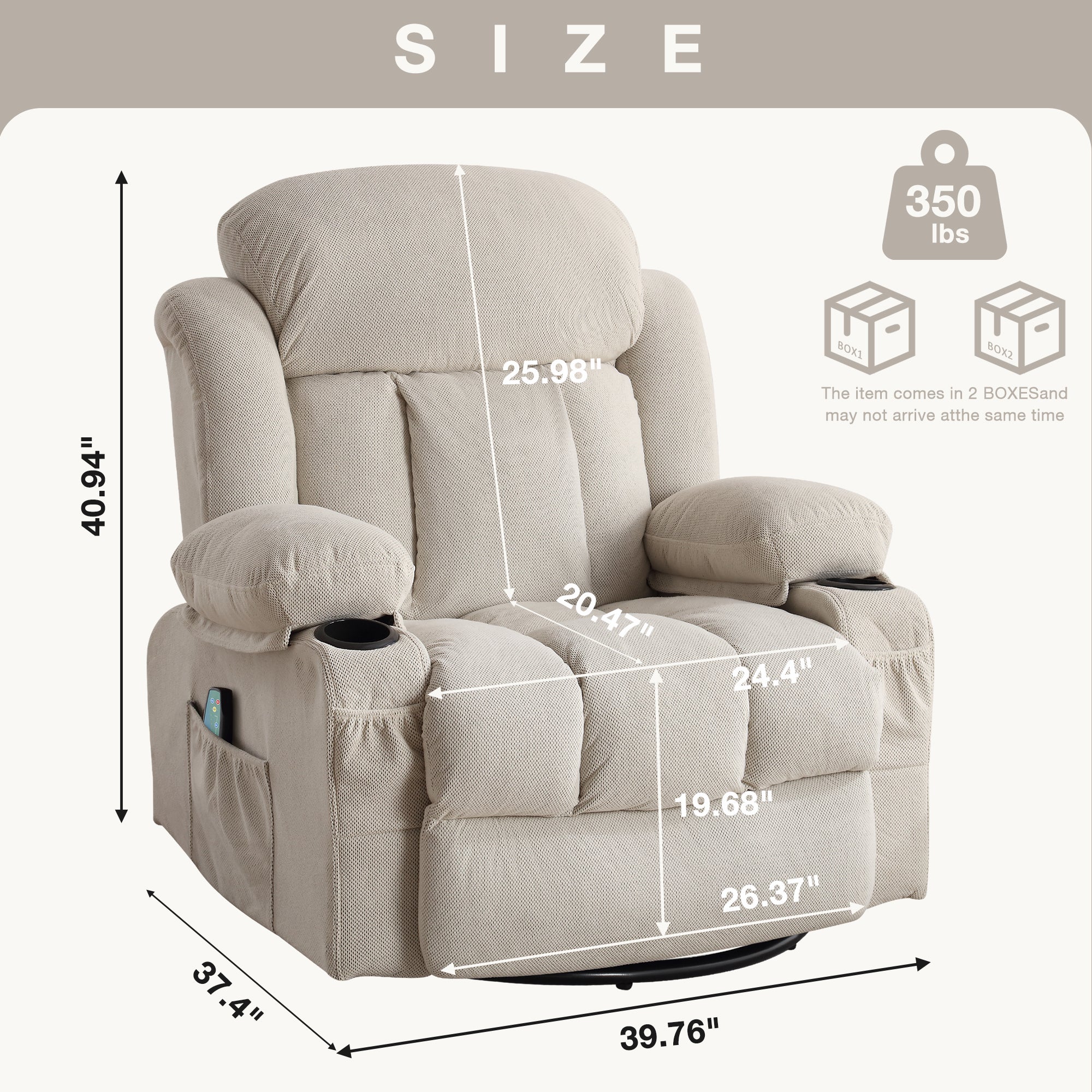 Swinging recliner massage heated sofa, with USB and 2 cup holders in side pockets, PackageA+B (BEIGE )