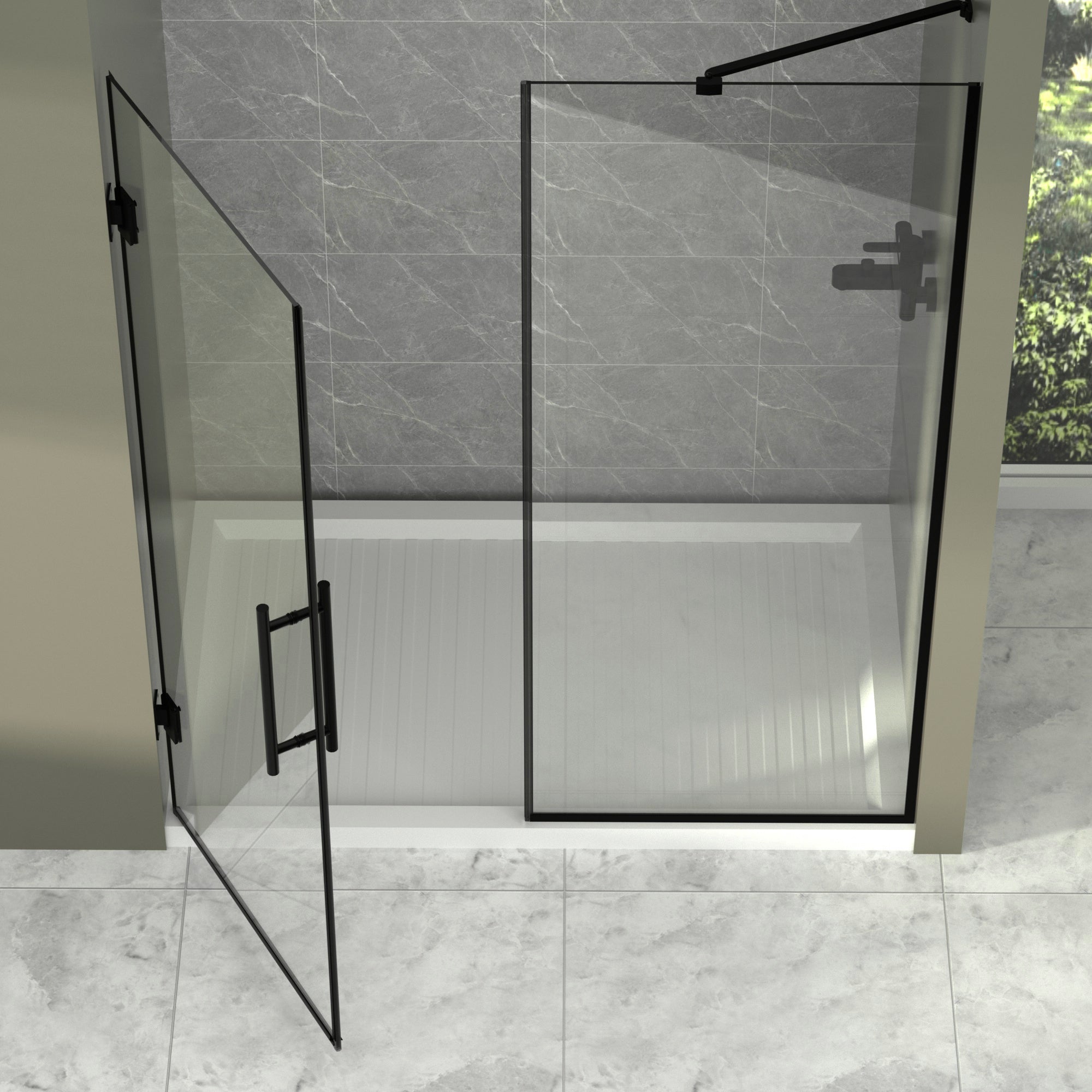 58-58"W x 71"H Semi-Frameless Double Hinges Shower Door in Matte Black,Tempered Glass,Reversible Installation