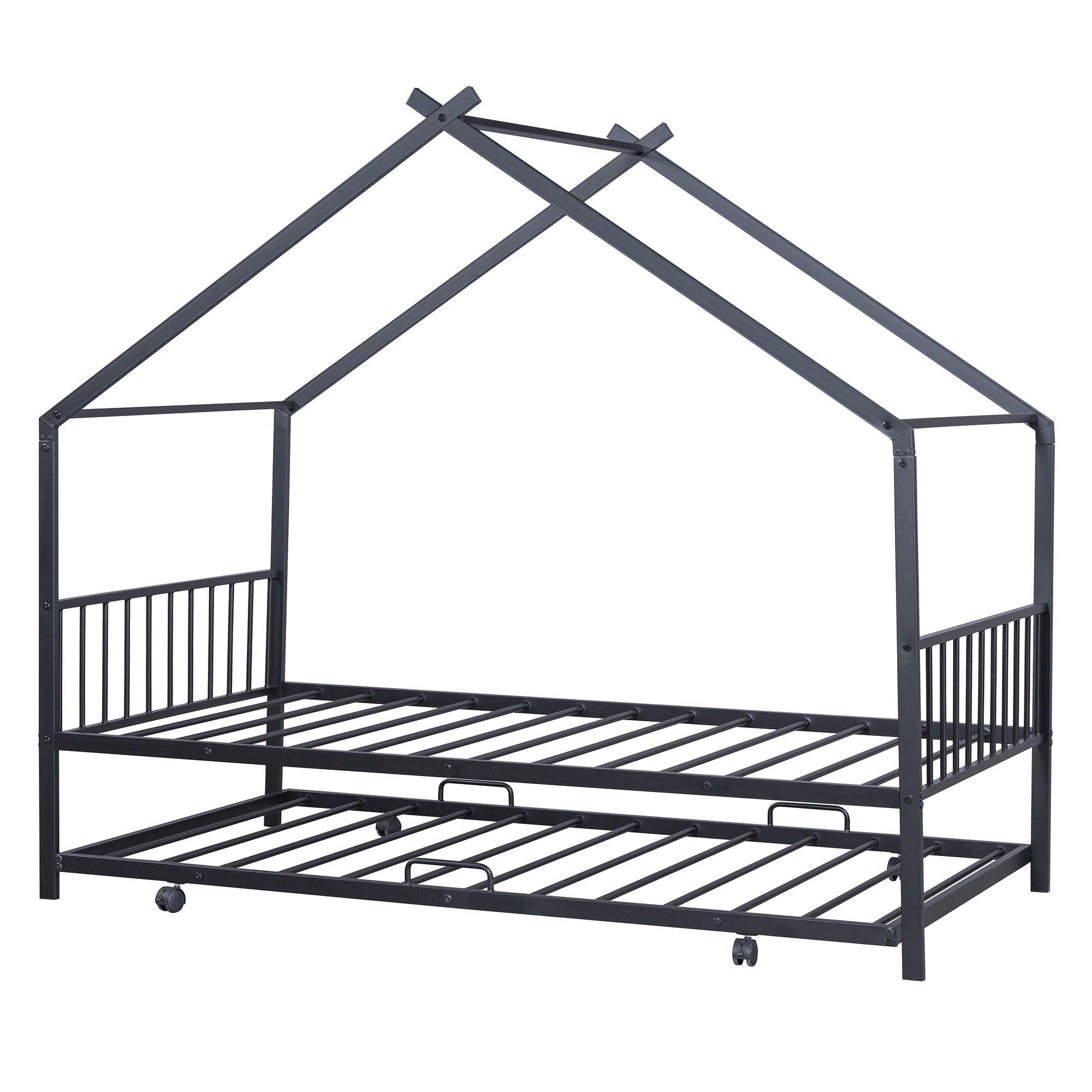 Twin Size Metal House Bed with Twin Size Trundle, Black