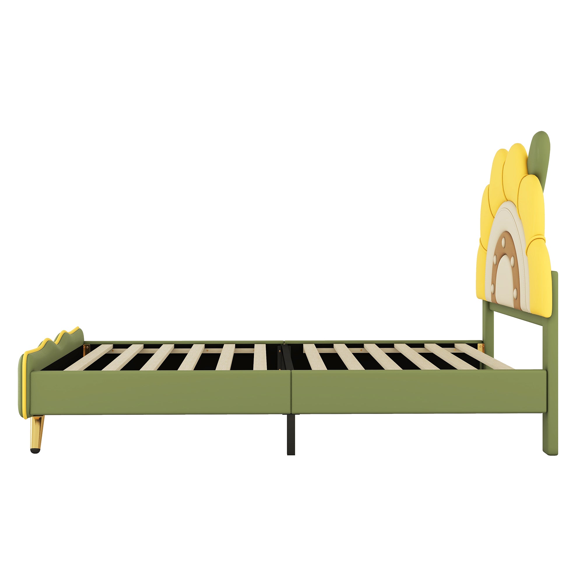 Twin Size Upholstered Platform Bed with Sunflower Shaped Headboard, Green