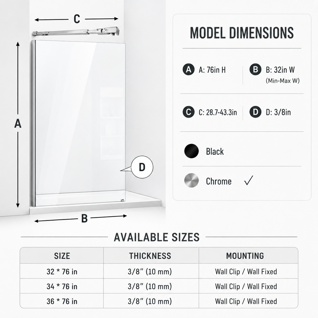 32 x 76 in Frameless Fixed Shower Glass Panel - Wall Channel Chrome view 2