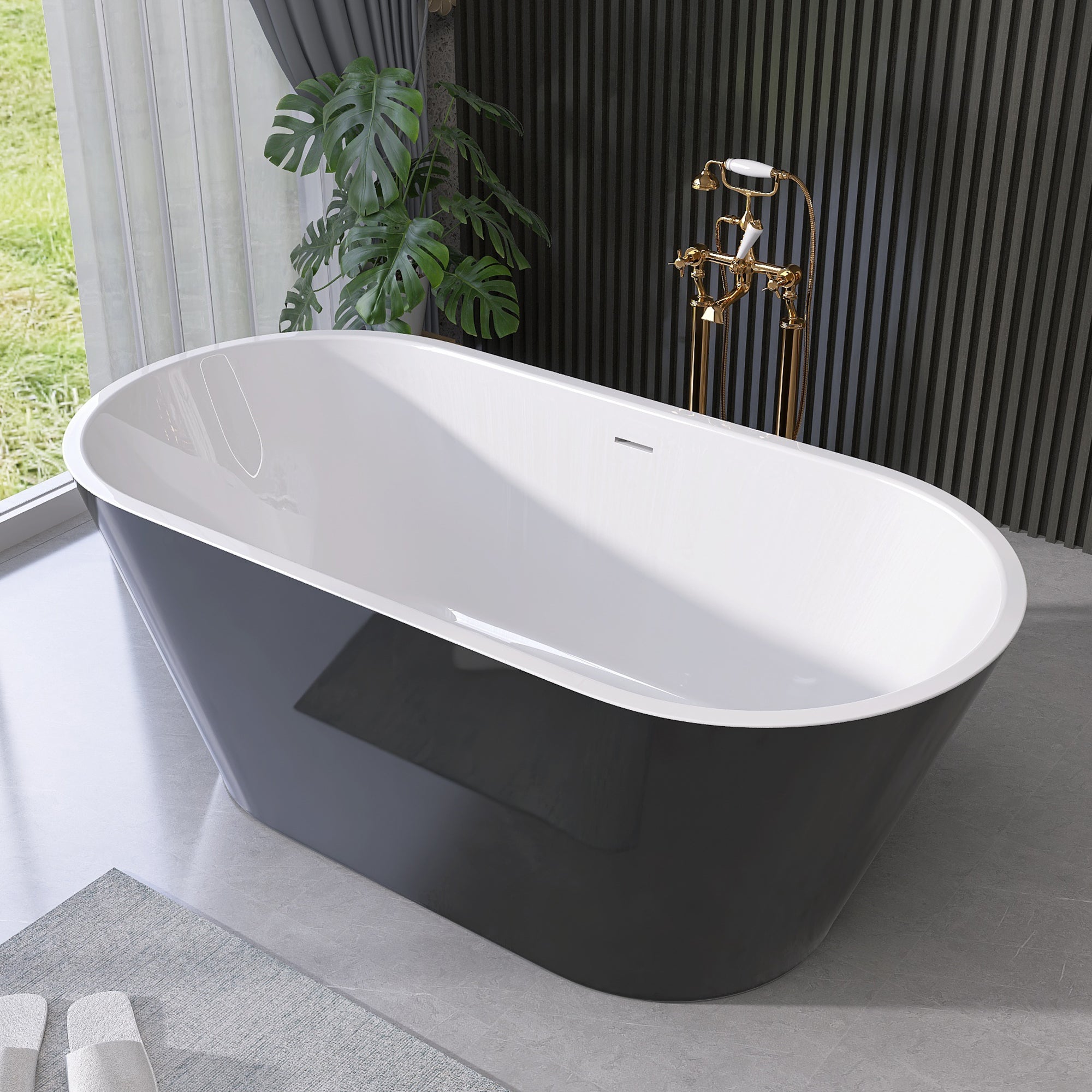 55" Acrylic Freestanding Bathtub Contemporary Soaking White Tub with Overflow and Pop-up Drain Gloss Black