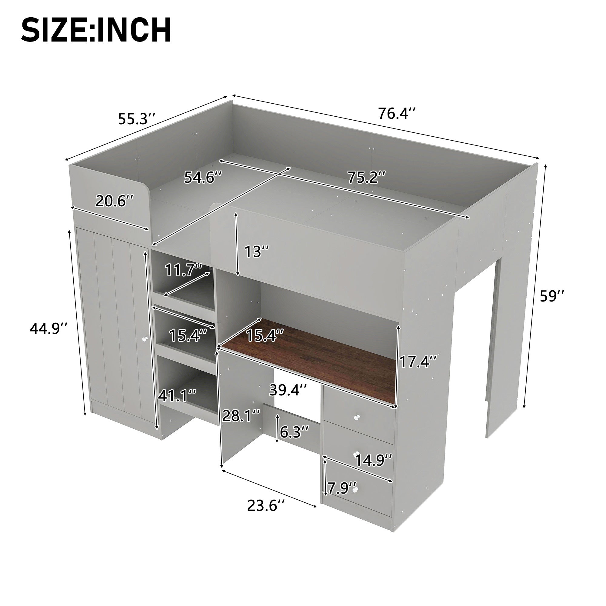 Wood Full Size Loft Bed with Built-in Wardrobe, Desk, Storage Shelves and Drawers, Grey