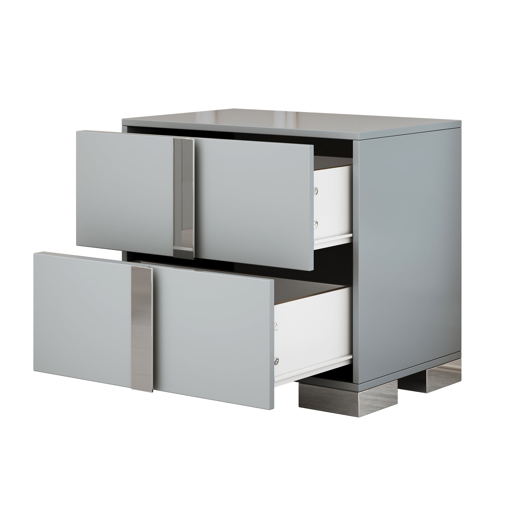 Mirrored gray nightstand with metal feet, styled in bedroom setting