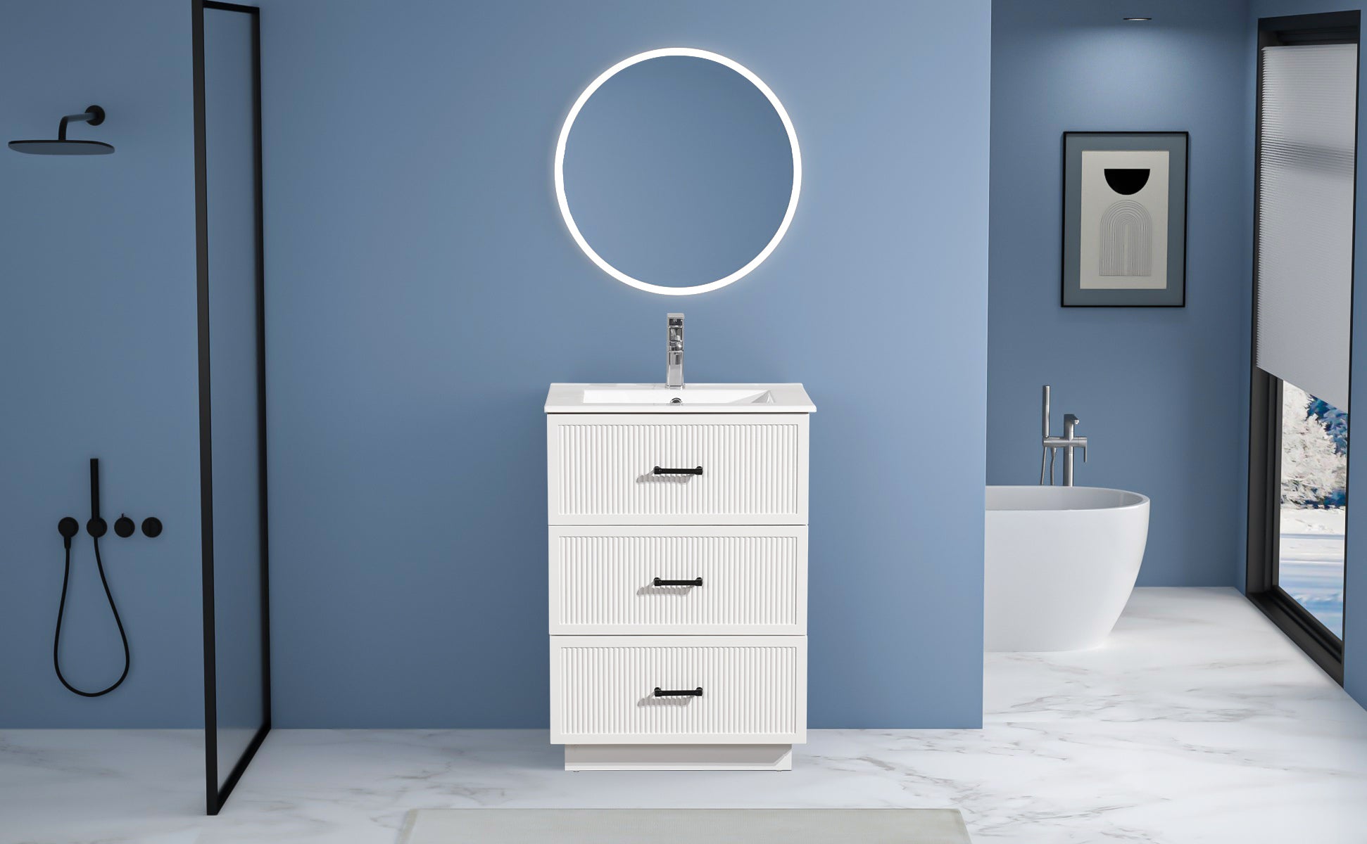 24 Inch Bathroom Vanity with Ceramic Sink Set, Modern Freestanding Bathroom Storage Cabinet with 2 Drawers, Floor Standing Bath Vanity Combo, White