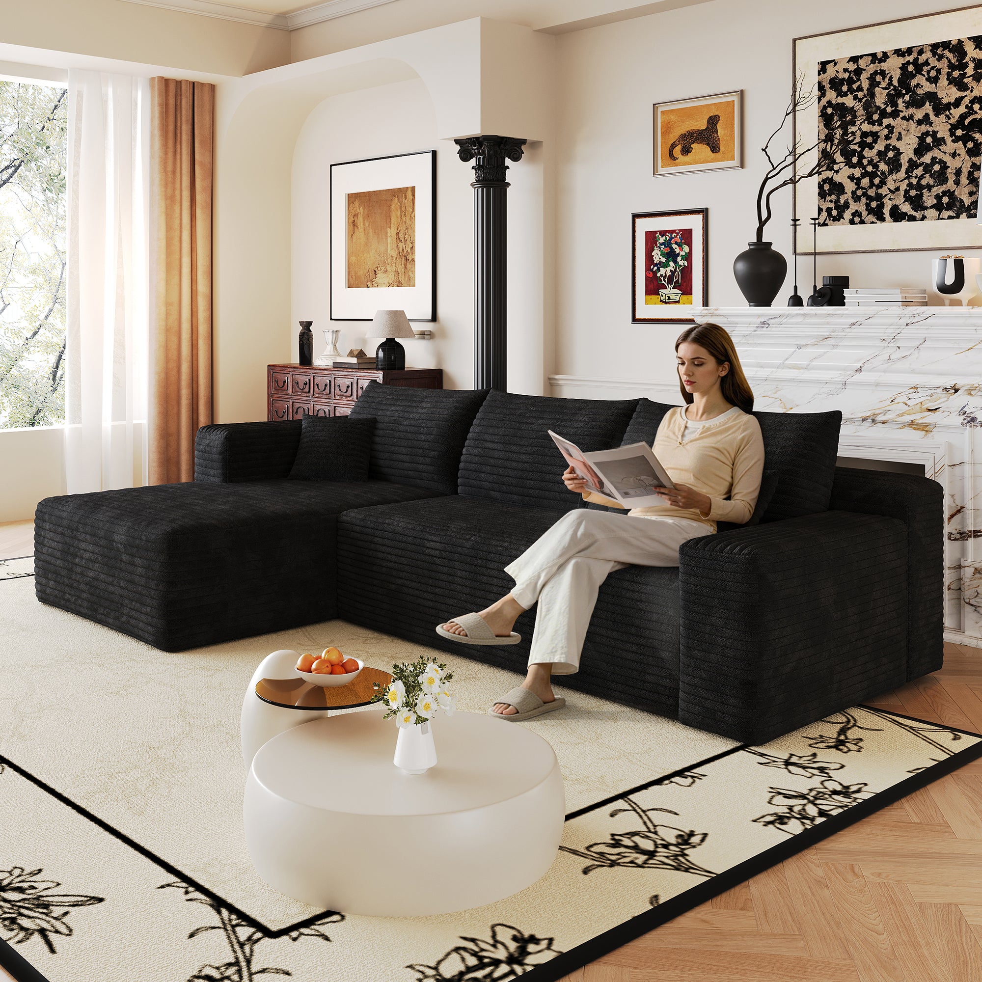 Black corduroy sectional sofa, 103 inch, angled corner view