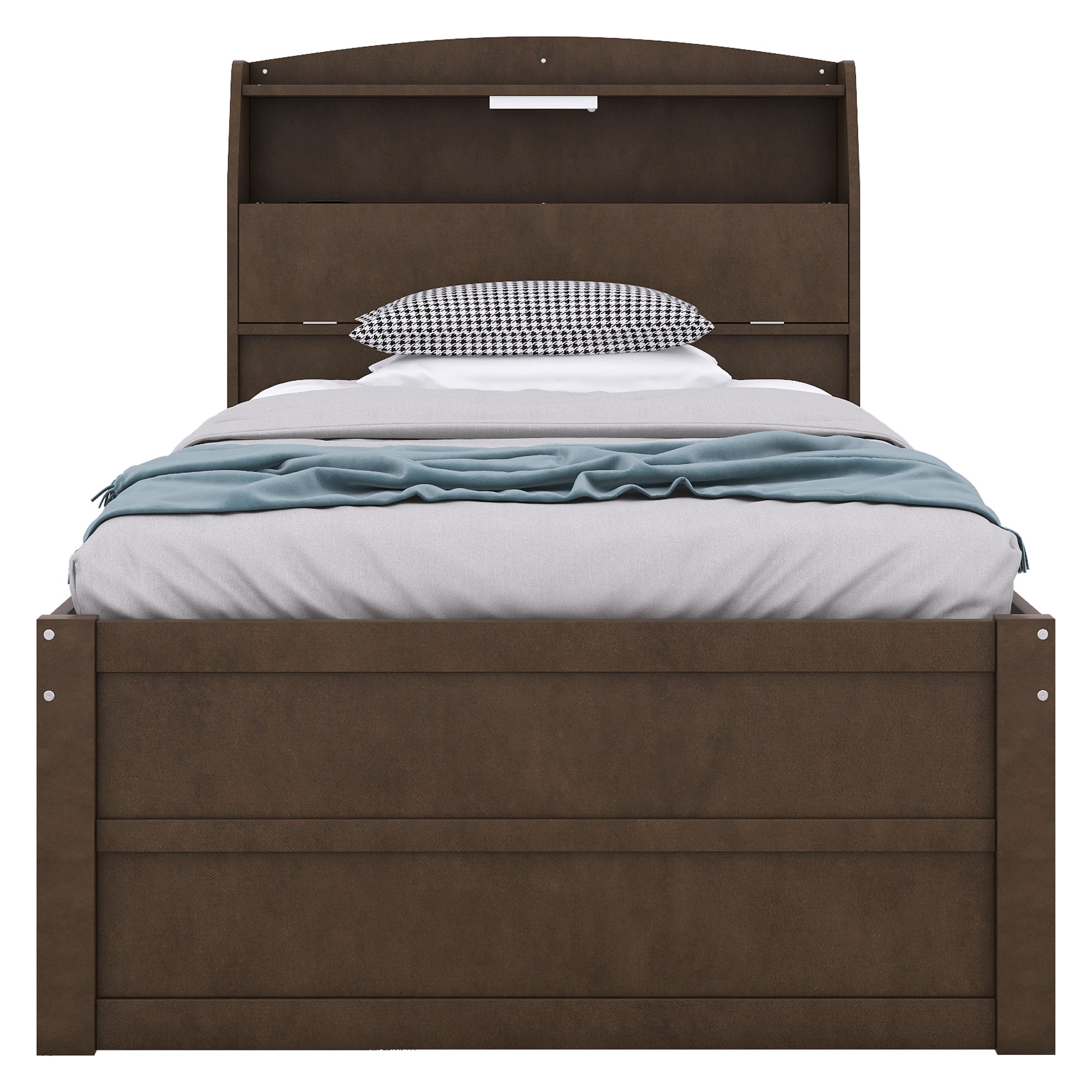 Twin Size Wooden LED Platform Bed with Trundle, with Storage Headboard, with Drawers, Brown