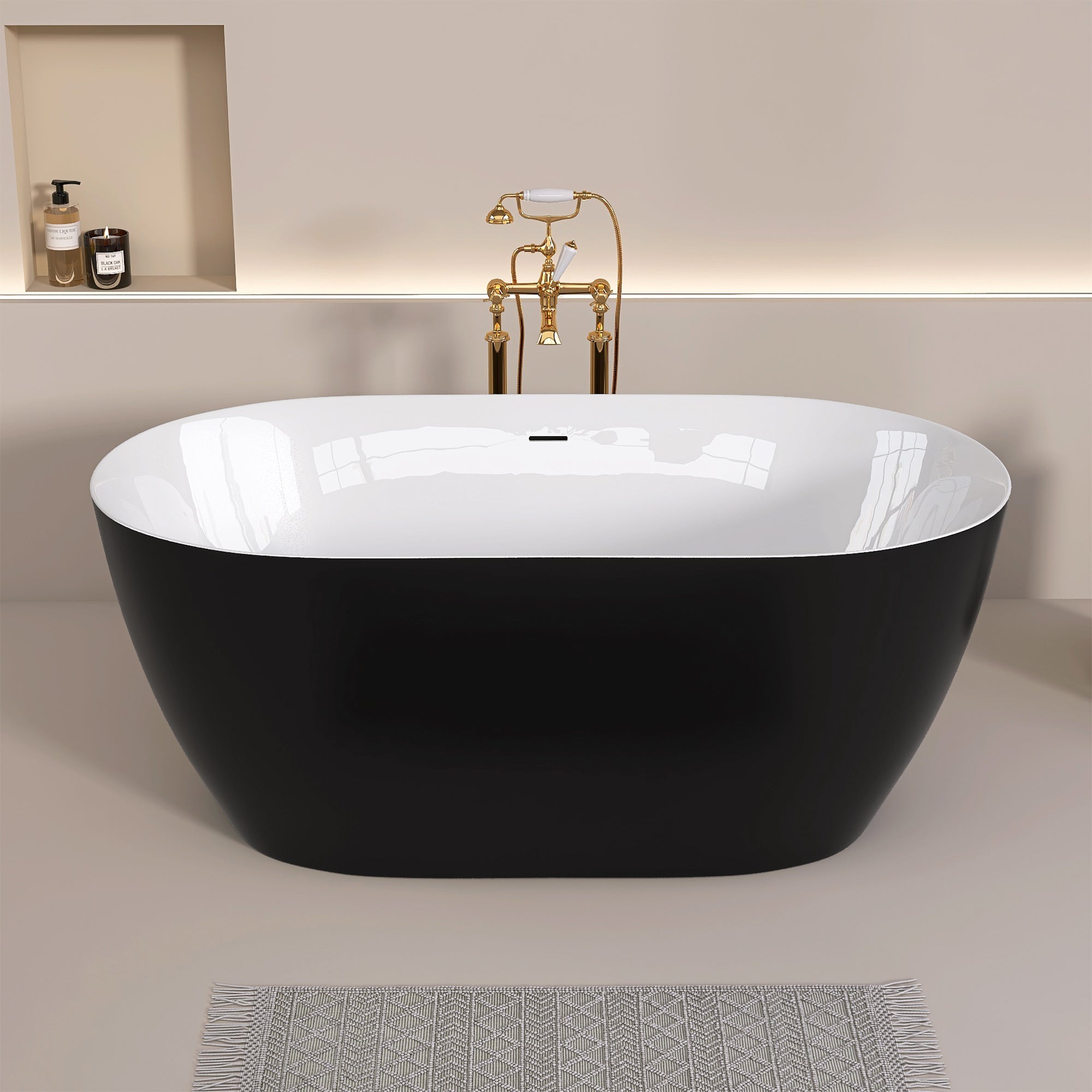 51" Acrylic Freestanding Bathtub Contemporary Soaking White Tub with Overflow and Pop-up Drain Matte Black