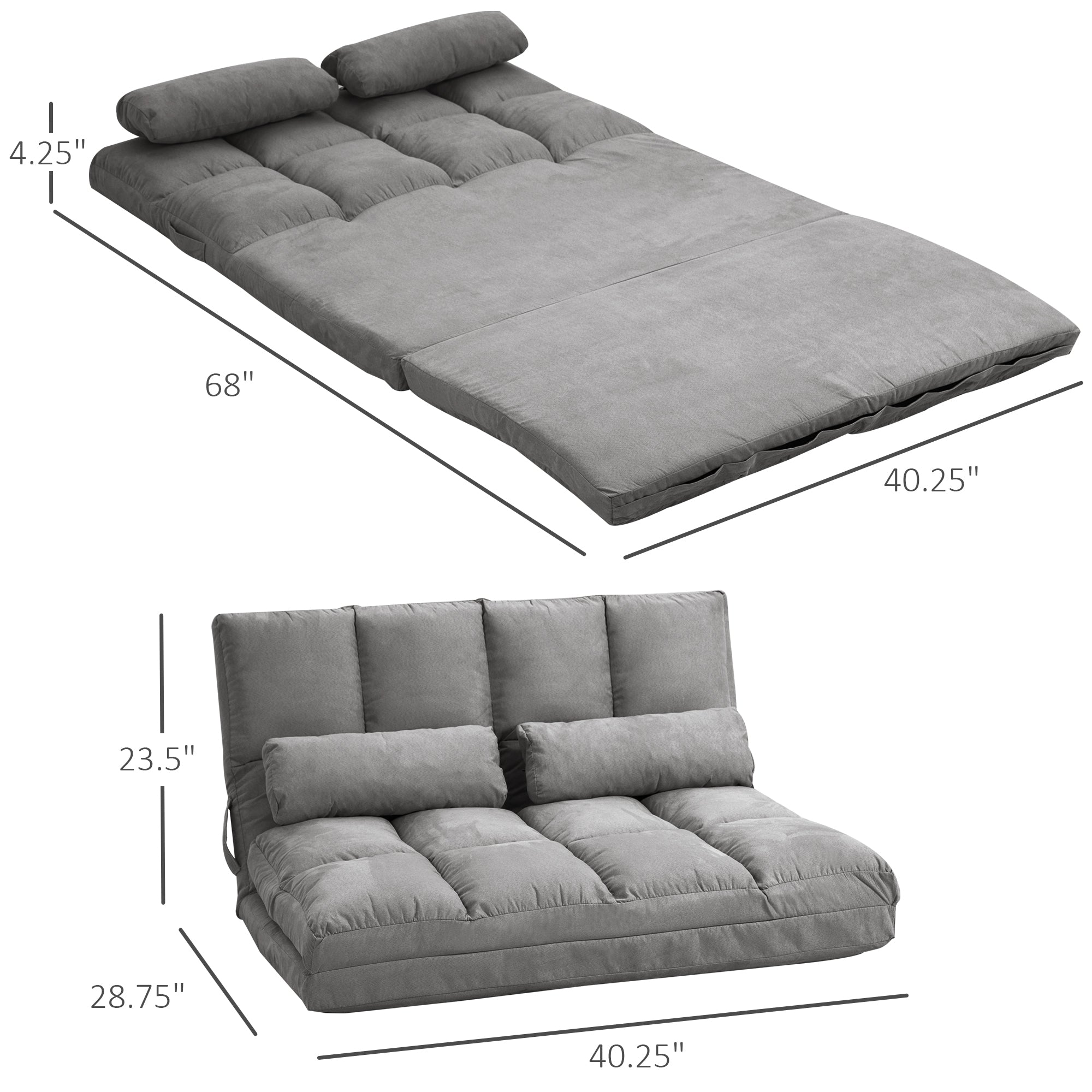 Convertible Floor Sofa Chair, Folding Couch Bed, Guest Chaise Lounge with 2 Pillows, Adjustable Backrest and Headrest, Dark Gray