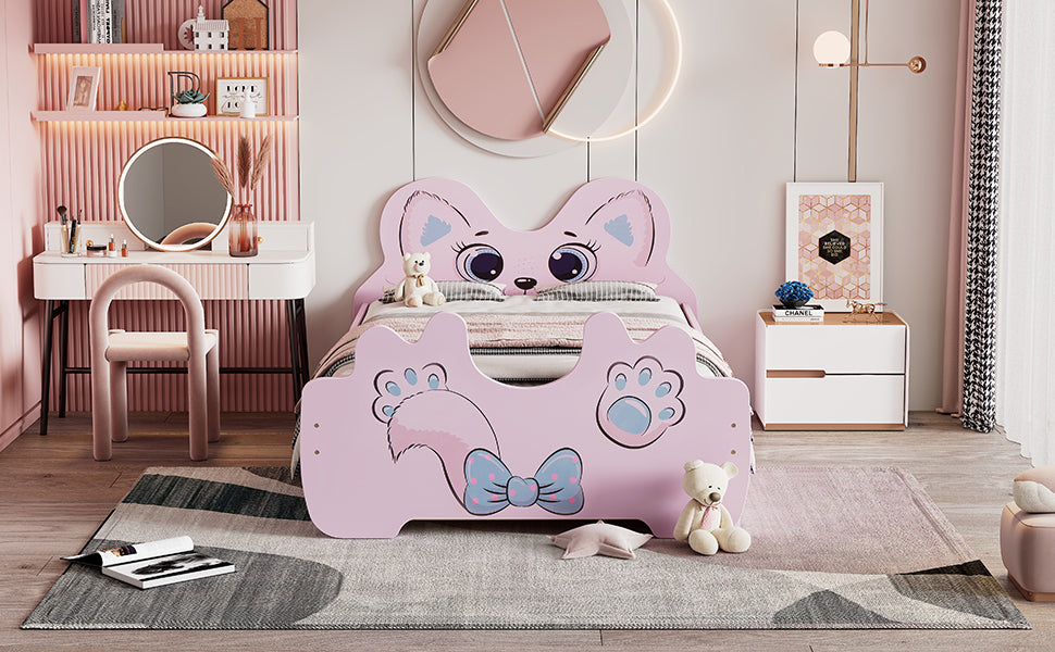 Cartoon Twin Size Platform Bed with Trundle, Pink